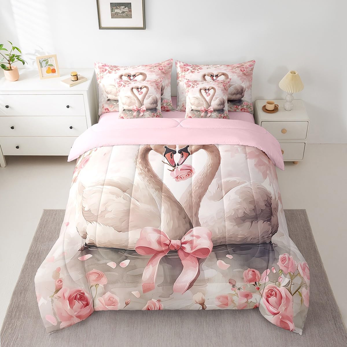 Erosebridal Valentine's Day Queen Comforter Set 7 Piece Bow Swan Romantic Roses Bedding Set for Adults Men Women,Animal Couple Bed in A Bag Pink Flowers Leaves Bed Set Room Decor