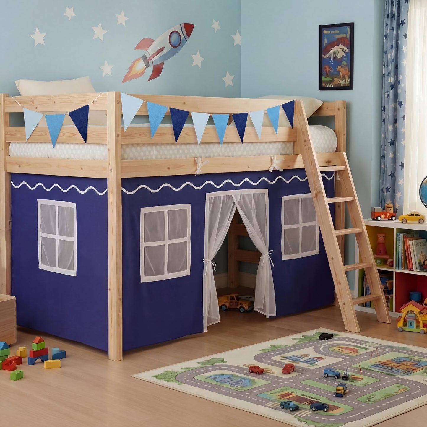 Breling 3 Panel Bunk Bed Curtains for Bottom Loft Bed Tent Set with Felt Flag Double-Layer Twin Bunk Curtains Playhouse Accessories for Boy Girl Bedroom(Blue and White,Classic)
