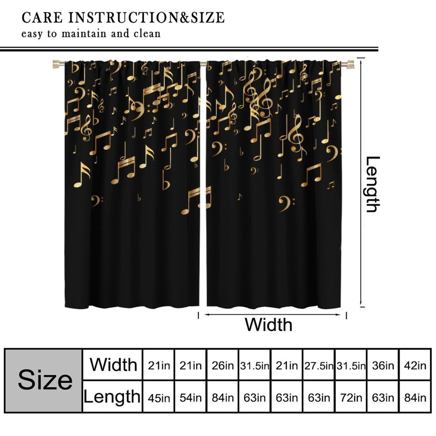 Musical Notes Curtains, Golden Music Note Print Black Background Modern Art Window Treatments Drapes for Living Room Bedroom Kitchen Home 42" W X 45" L(No Blackout)