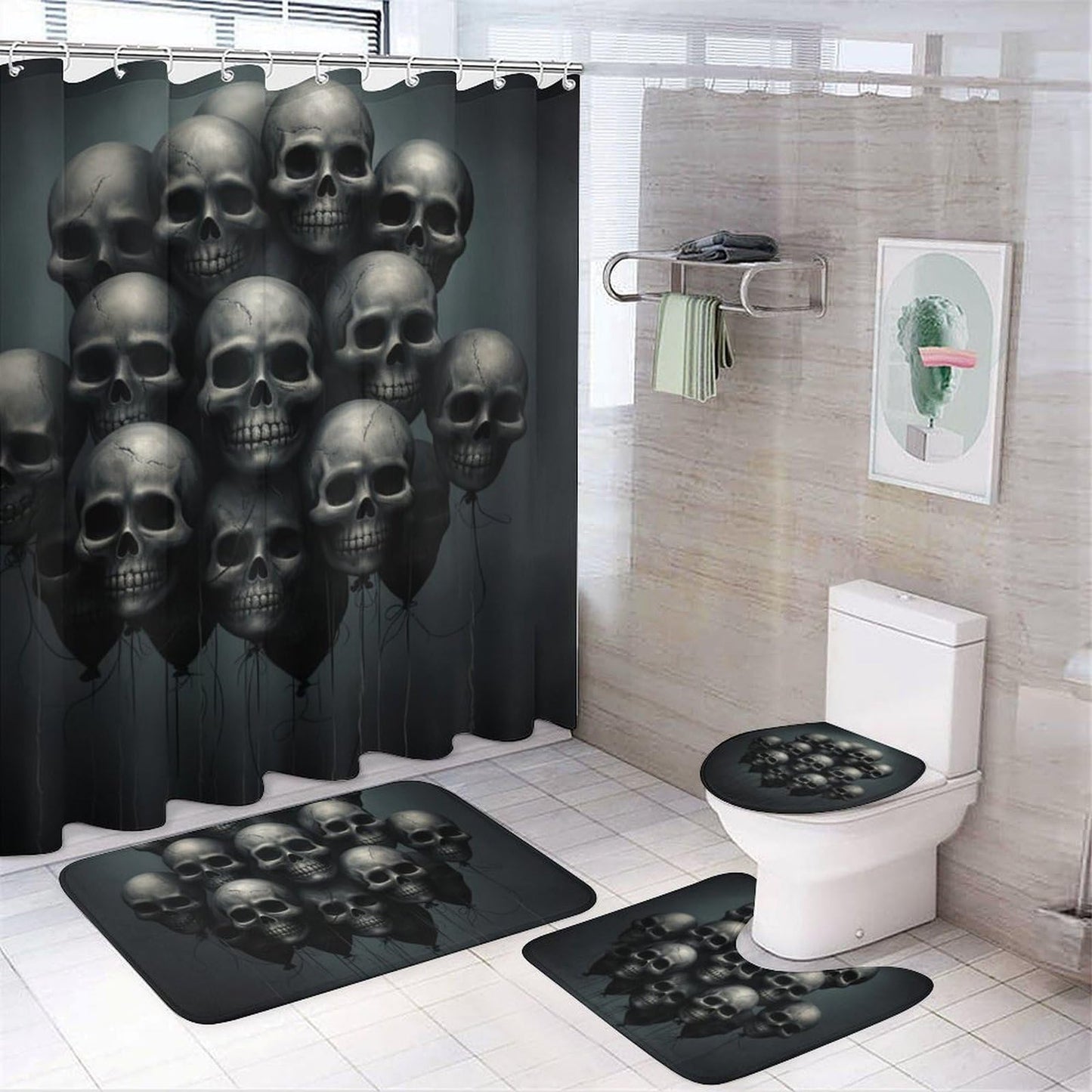 FOCCAFB 4Pcs Rustic Fantasy Skull Bathroom Sets with Shower Curtain Rugs Mats Black Skeleton Balloon Landscape Bathroom Decorations Sets with Non Slip Rugs Toilet Lid Cover Bath Mat, Style-2
