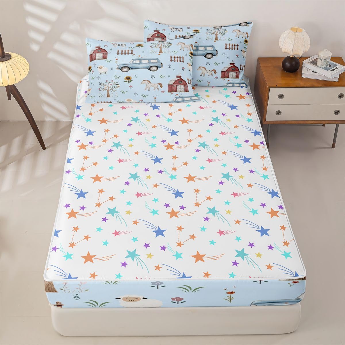 Erosebridal Farm Animal Twin Zipper Bedding Cartoon Tractor Kids Comforter Set with Fitted Sheet Rustic Barn Door 3 Pcs Bed in a Bag Set Farmhouse Horse Sheep Cow Sunflower Floral Zip Up Bedding Sets