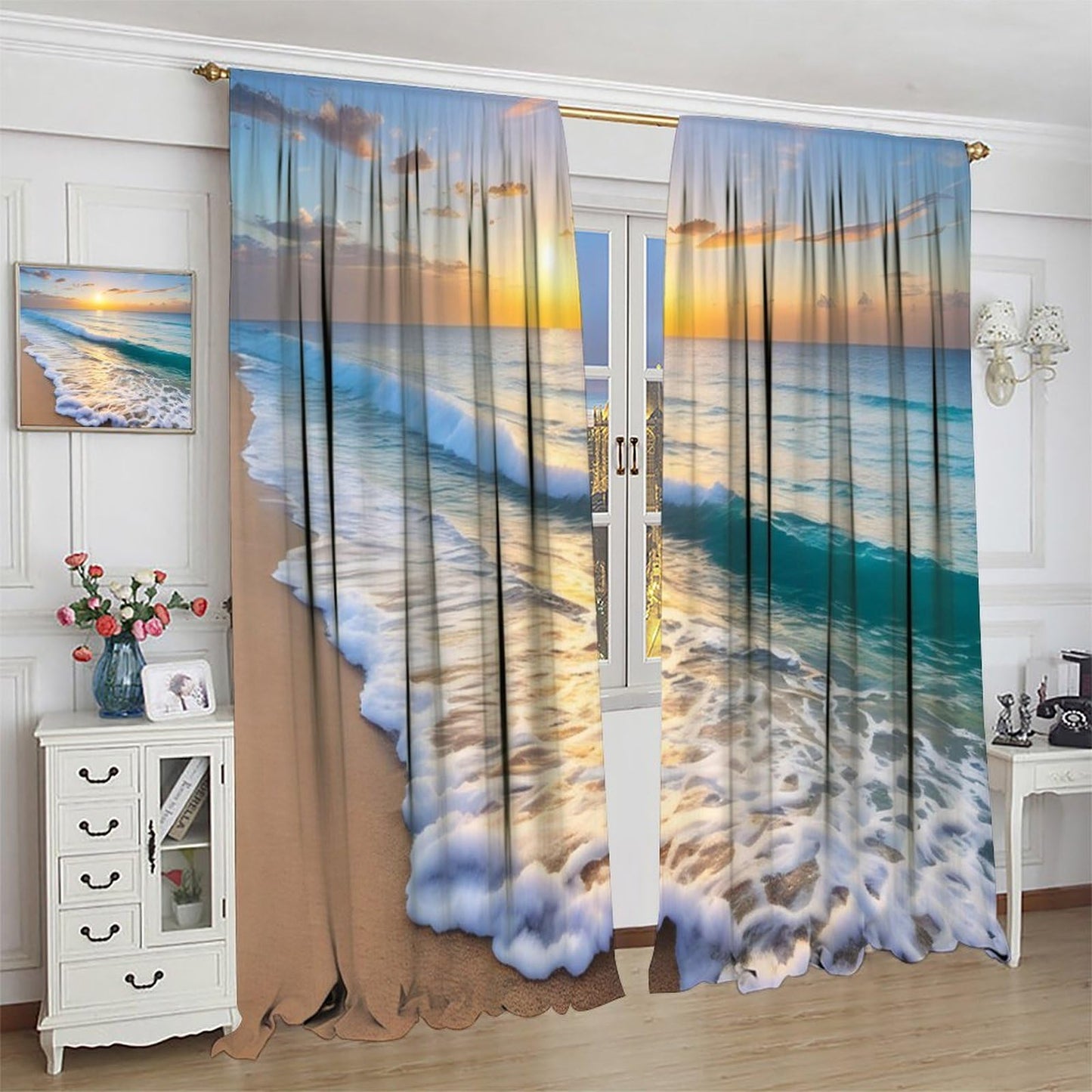 Nitmbi Beach Sunset Curtains,Ocean Tropical Summer Hawaiian Sunset Sea Waves Scenery Pattern Drapes Window 2 Panel Rod Pocket Curtain for Bedroom Living Room Decor 42" W X 45" L