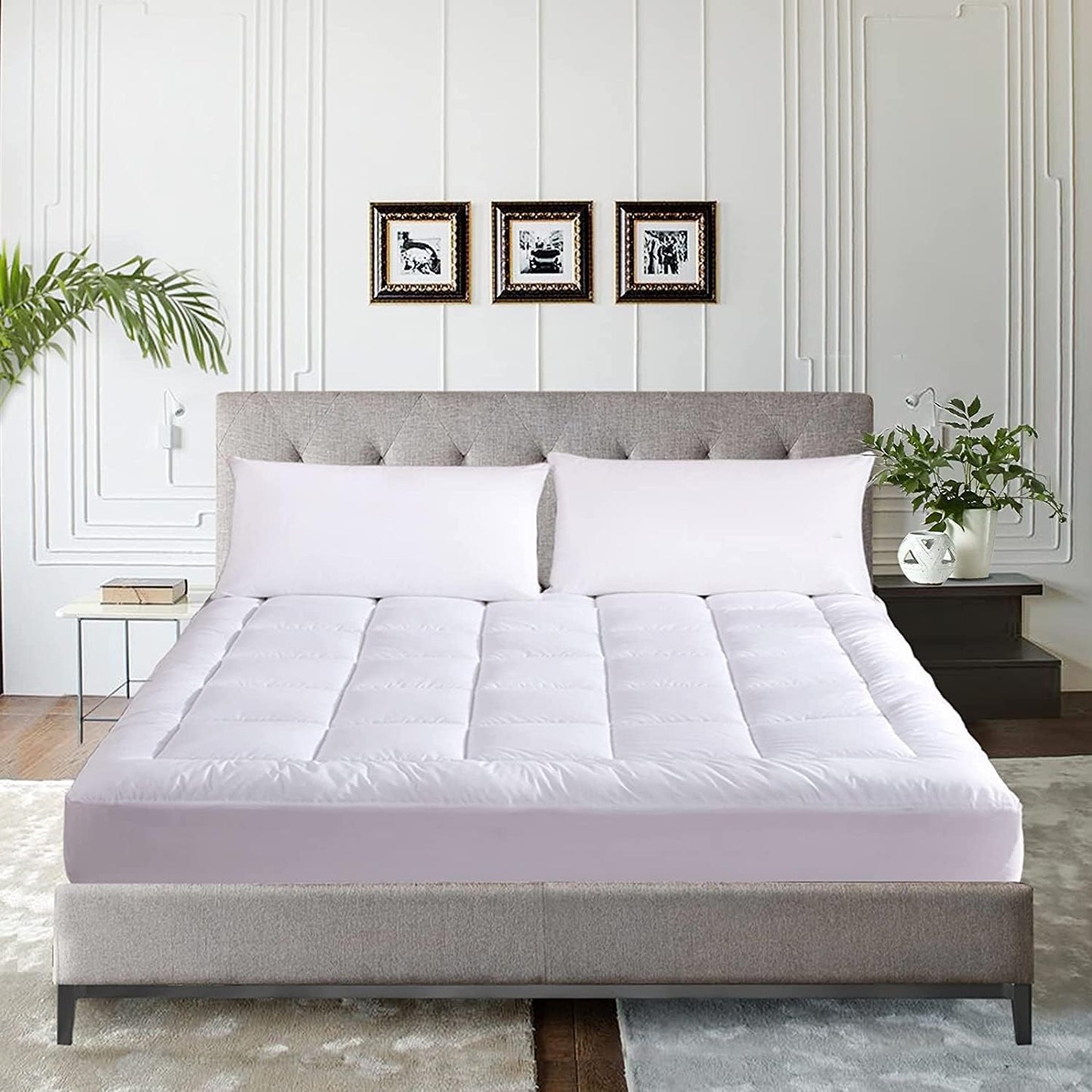 WhatsBedding Waterproof Mattress Topper Queen Size Cotton Top Down Alternative Filling Pillowtop Mattress Topper Cover-Fitted Quilted