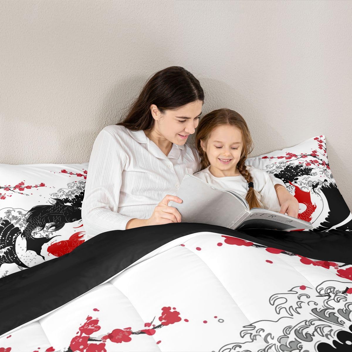 Erosebridal Koi Fish Bedding Full,Cherry Blossoms Comforter Set Japanese Waves Bed Sets Yin Yang Duvet Insert 3 Pieces (Black White)