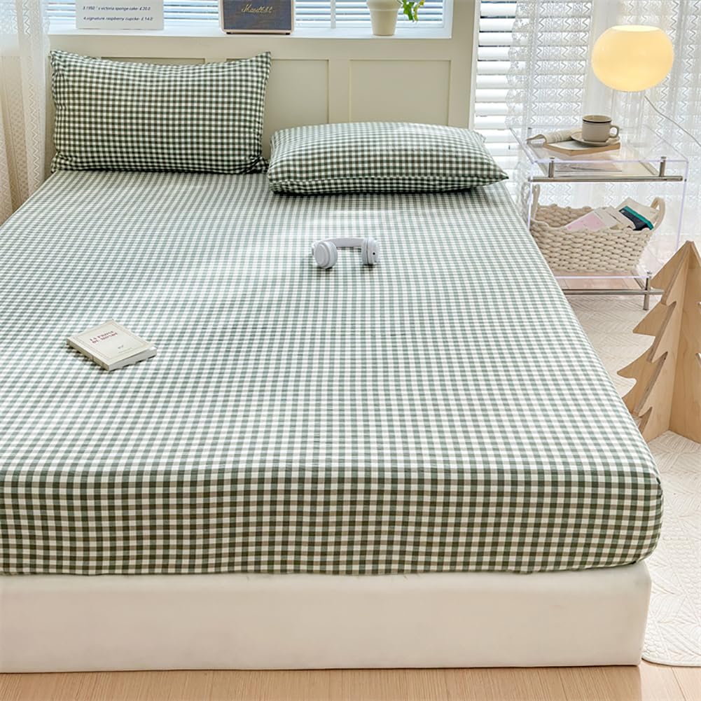 LifeTB Green Gingham Fitted Sheet Queen 1 Piece Plaid Bedding Sheet Soft 100% Washed Cotton Grid Single Bottom Sheet Green Gingham Bed Sheet Cotton Mattress Cover 15" Deep Pocket Farmhouse Grid Sheet
