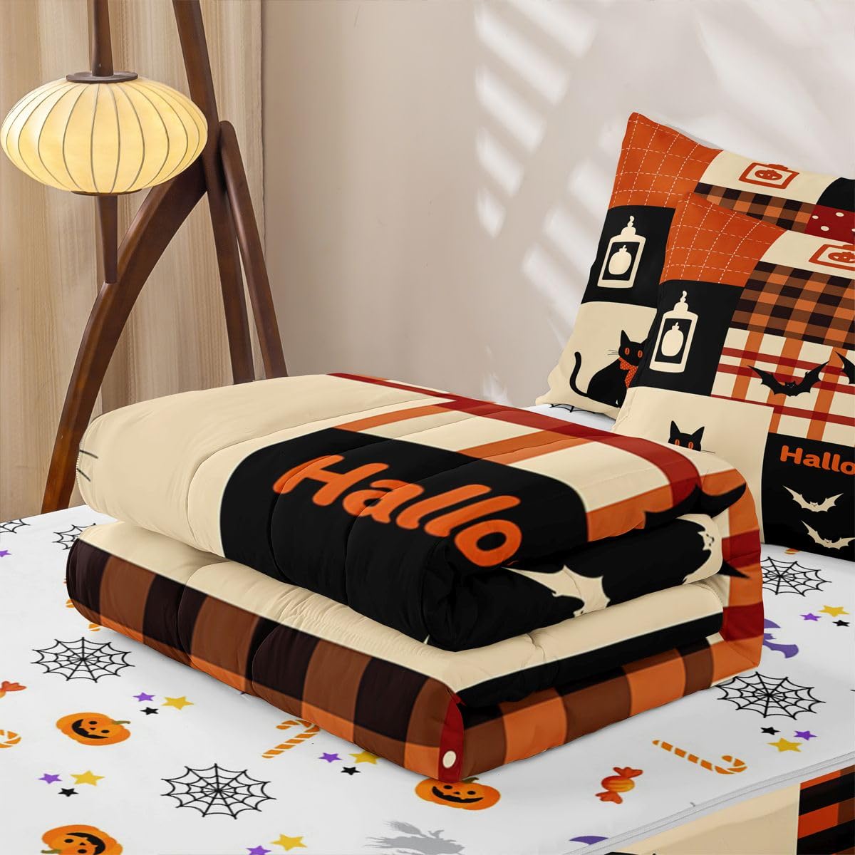 Feelyou Halloween Queen Zipper Bedding Set Pumpkin Kids Comforter Set with Fitted Sheet and 2 Pillowcases Brown Grid Patchwork Bed in a Bag Zip Up Bedding Soft Microfiber