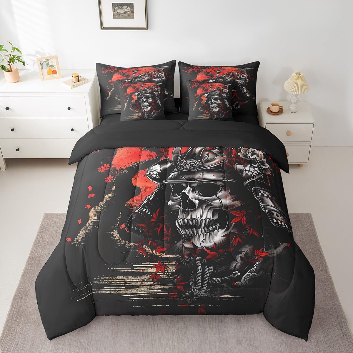 Erosebridal Japanese Samurai Queen Comforter Set 7 Piece,Gothic Skull Bedding Set with Sheets,Cherry Blossom Floral Bed in a Bag for Kids Boys Oriental Bed Set with Fitted+Flat Sheet,Pillowcases