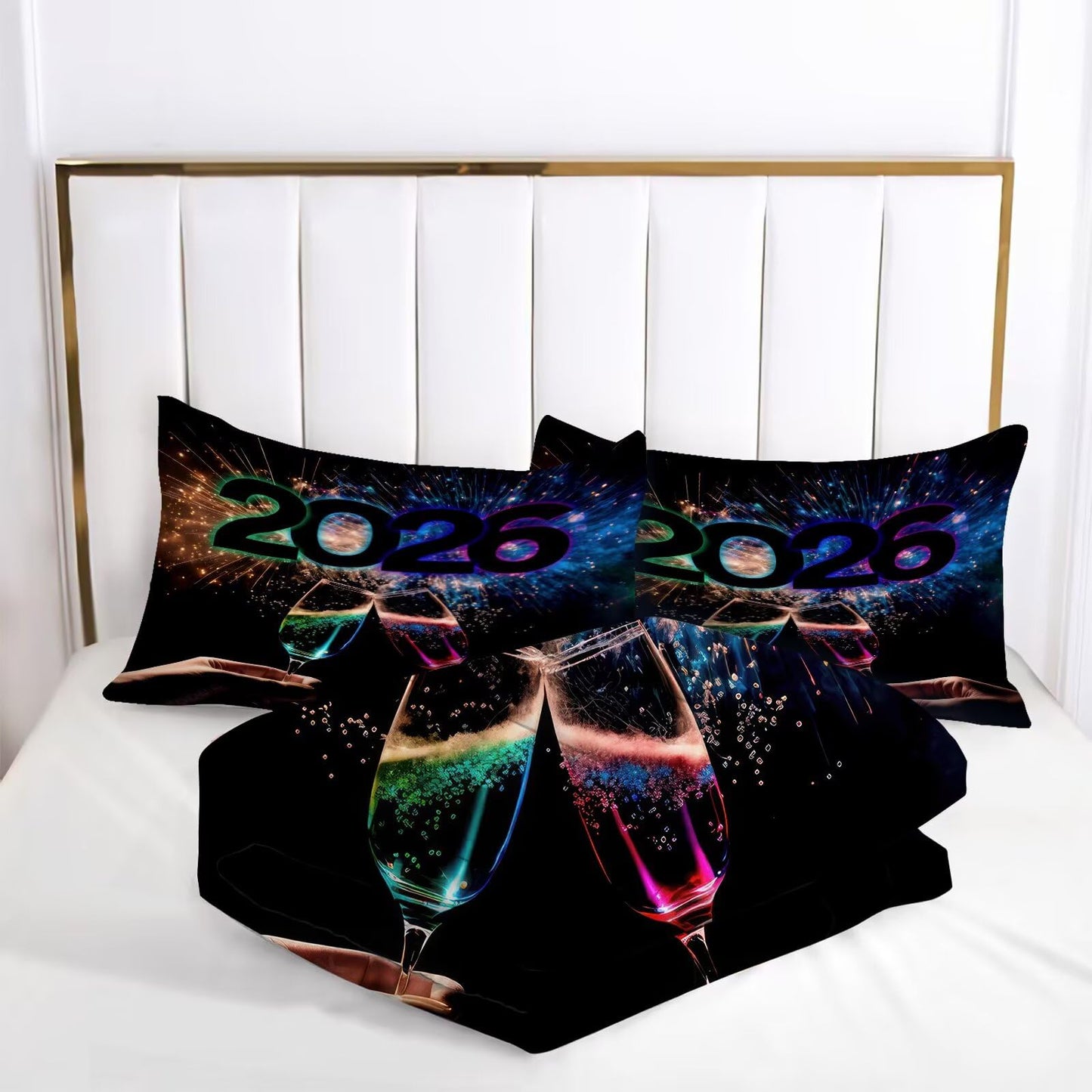 kxry Happy 2026 Year Bedding Sets Celebrate Champagne Comforter Set 3 Pieces of Machine Washable Soft Quilt for Kids Teen Girls King Size