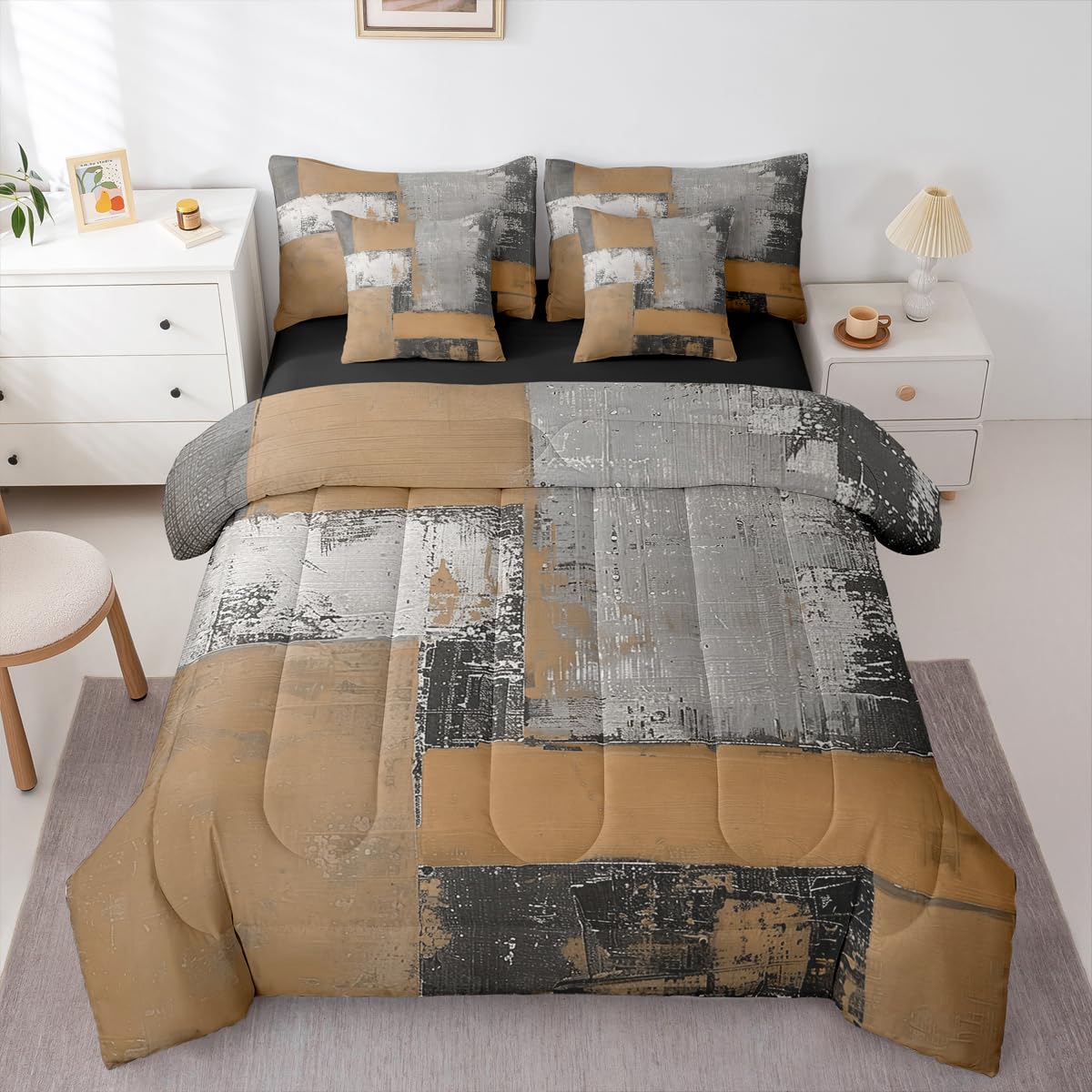 Feelyou Abstract Comforter Set King Size 7 Pieces Modern Abstract Art Bedding Set Luxury Bed in a Bag with Comforter, Sheets, Pillowcases, Cushion Covers Geometric Bedroom Decor Gray Brown
