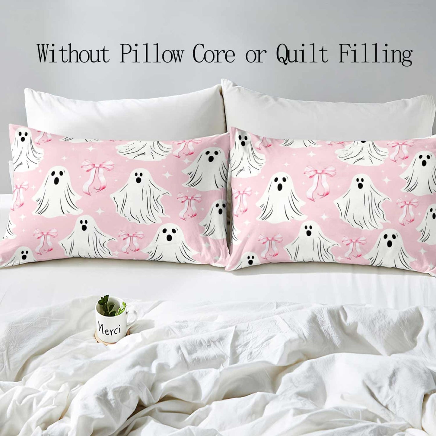 LUVIVIHOME 3PCS Cute Bow Ghost Duvet Cover Queen Bedding Sets, Teen Girls Bedding, Light Pink Duvet Cover, Spooky Halloween Comforter Cover, Coquette Room Decor Aesthetic, Bed in a Bag, 2 Pillow Cases