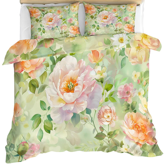 QINYUN Floral Comforter Set Oversized King, Spring Flowers Bedding Set 3 Piece, Watercolor Green Duvet Cover with Zipper & Ties, 2 Pillowcases