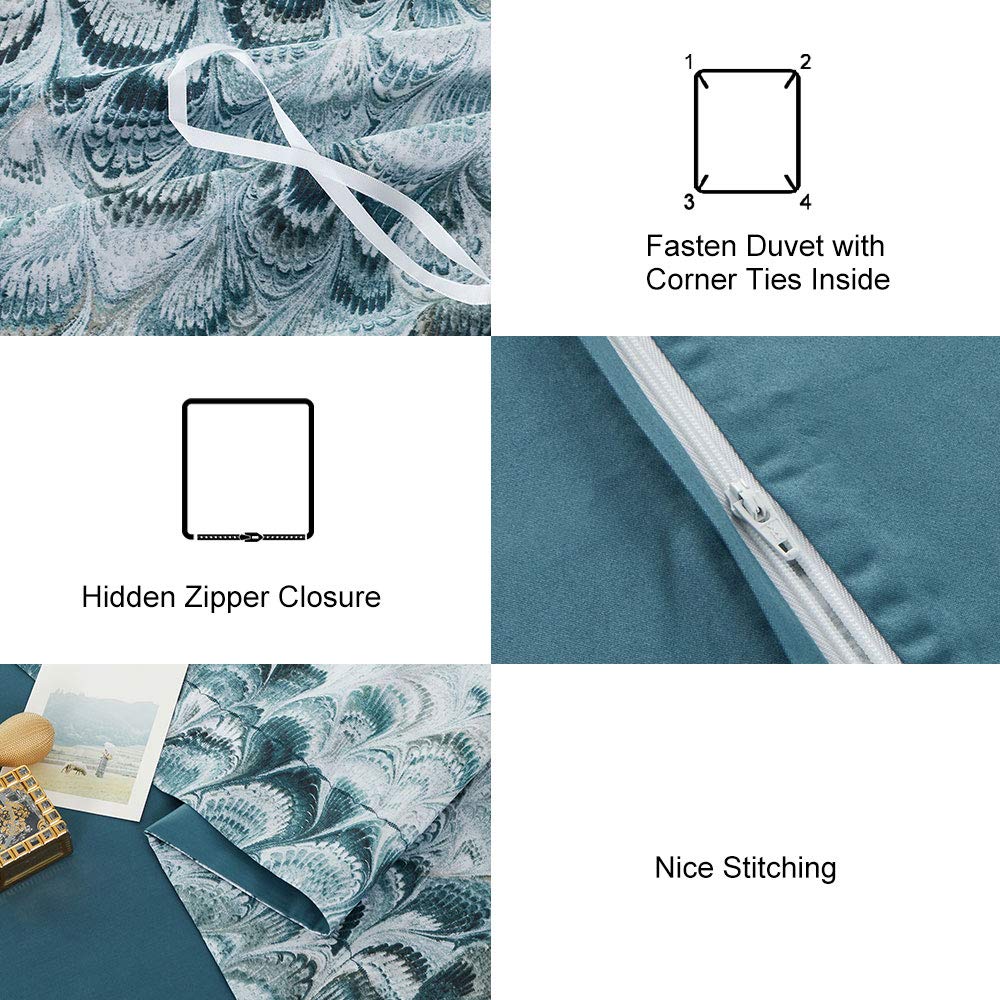 MILDLY 100% Long Staple Cotton Duvet Cover Set Queen Size, Aqua Blue Peacock Tail Plume Pattern Printed Comforter Cover Set