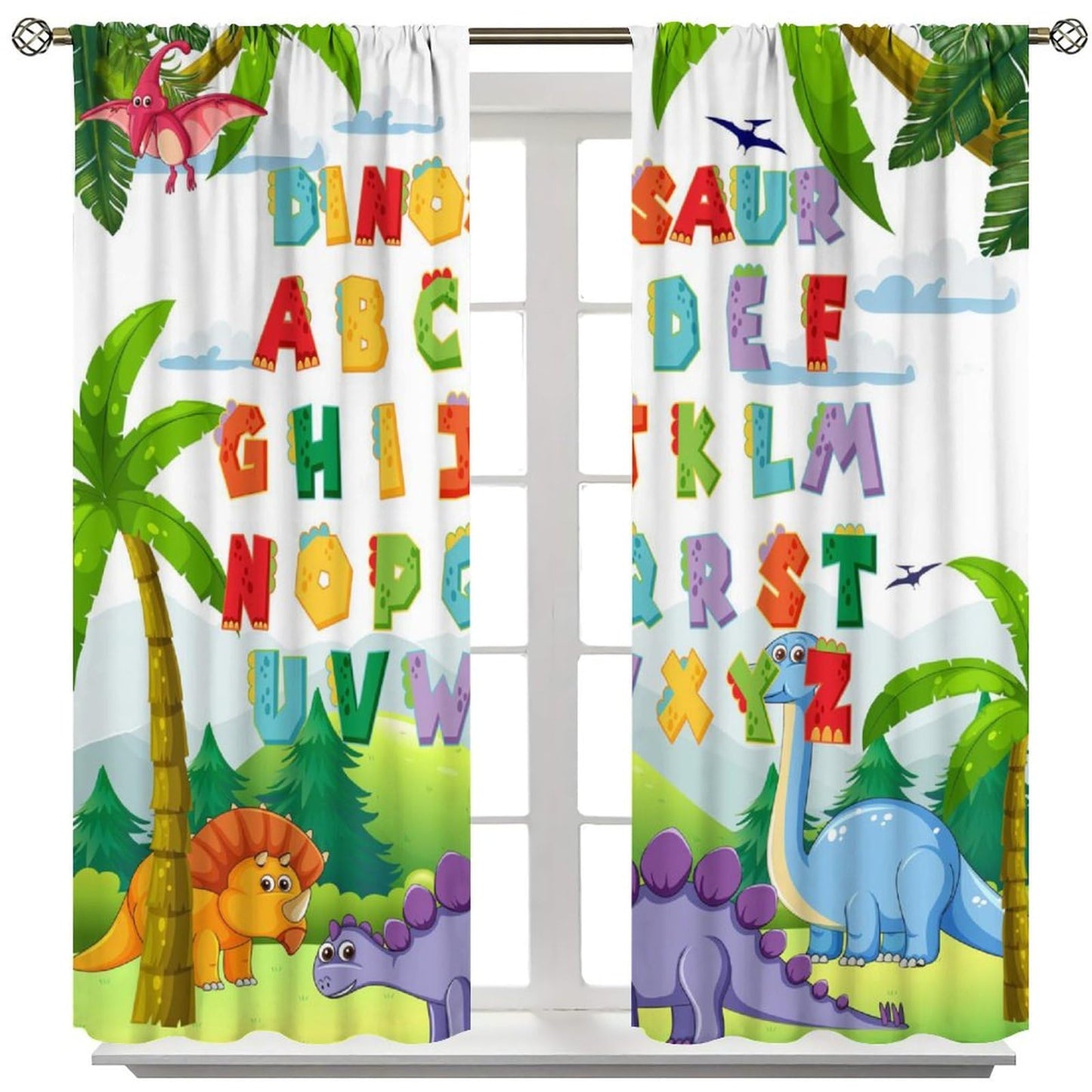 AAVEUP Dinosaur Alphabet ABC Curtains, Cartoon Jurassic Forest Plants for Educational Learning Windows Treatments Drapes for Kids Boys Nursery Children Toddler Bedroom 42x45in（No Blackout）