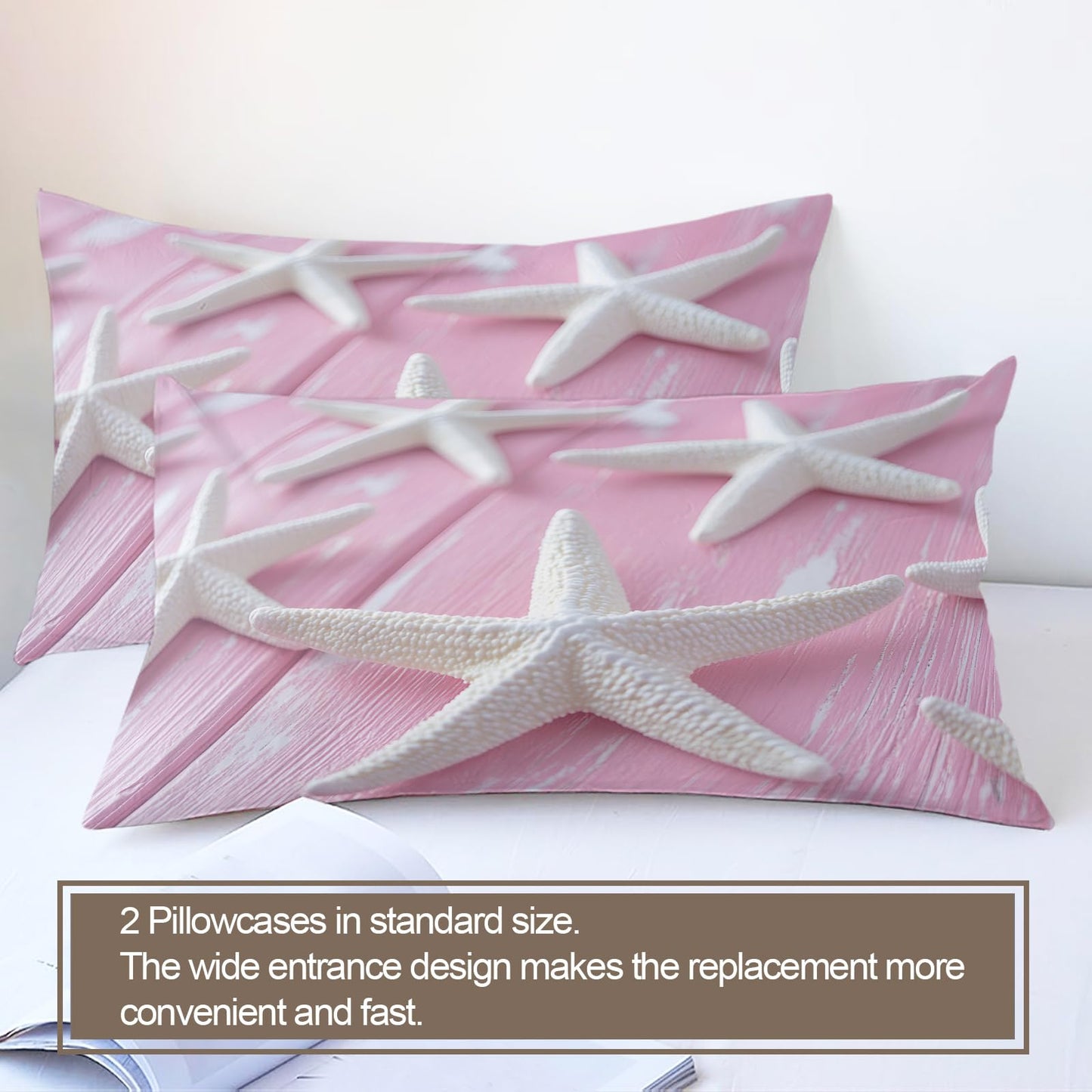 PAISUOQ Starfish Bedding Duvet Covers, Pink Comforter King Size, Romantic Nautical Bedding Sets with Zipper & Ties, 3 Pieces with 2 Pillowcases, Home Decor & Gifts