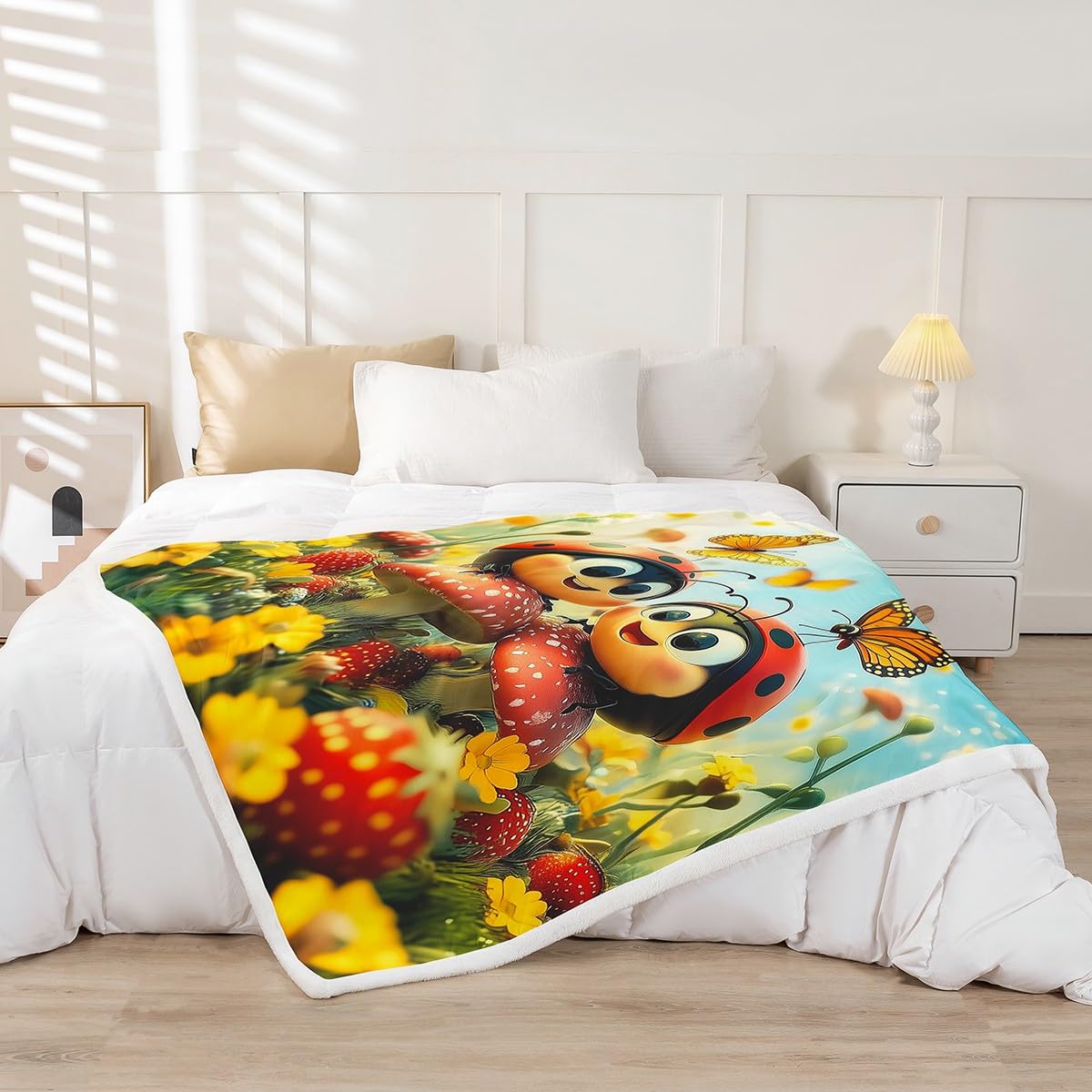 Erosebridal Cute Ladybugs Throw Bed Blanket Throw 50"X60" for Kids Boys Girls,Cartoon Ladybird Animal Fleece Blankets Kawaii Reptile Rustic Sherpa Blankets Spring Mushroom Butterfly Fuzzy Blanket