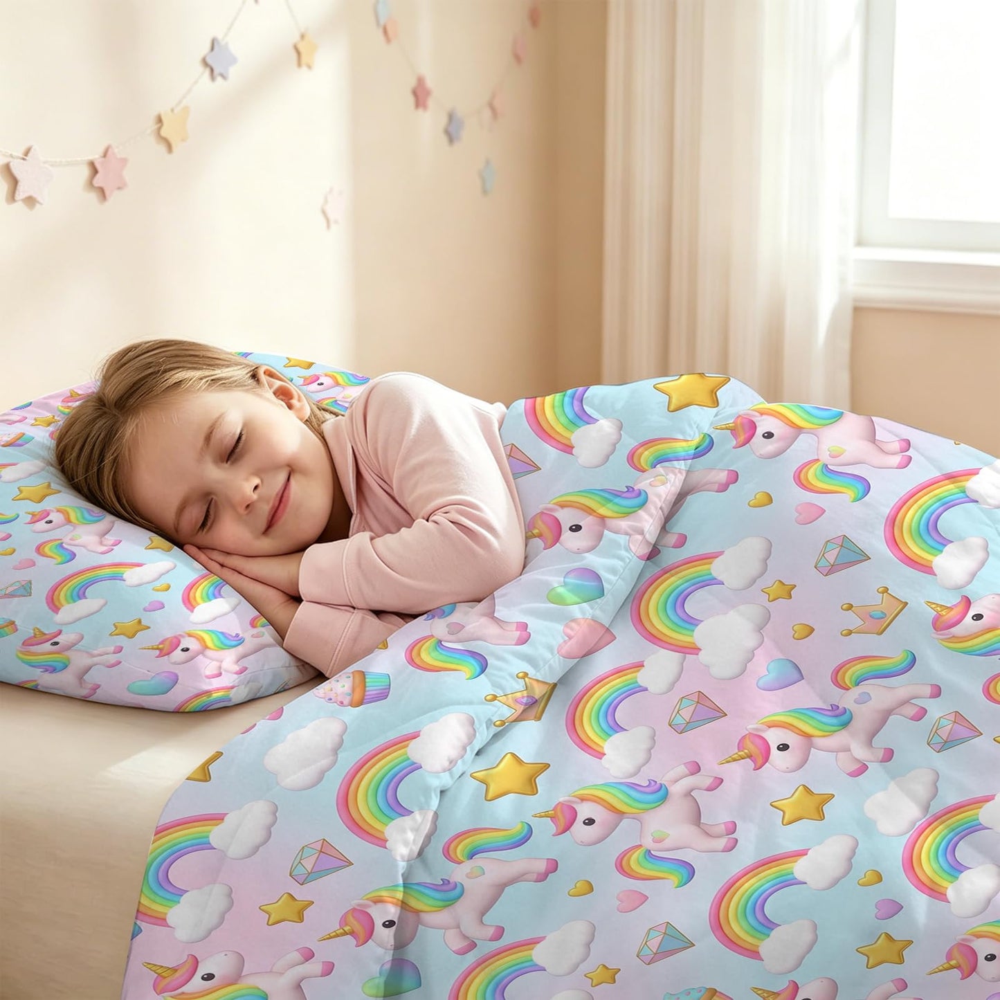 DJNEAR Kids Twin Comforter Sets for Girls, Cute Rainbow Unicorn Printed Kids Bedding Set, Cartoon Fantasy Room Decor for Girls, Lightweight Breathable All Season 1 Comforter 1 Pillowcase