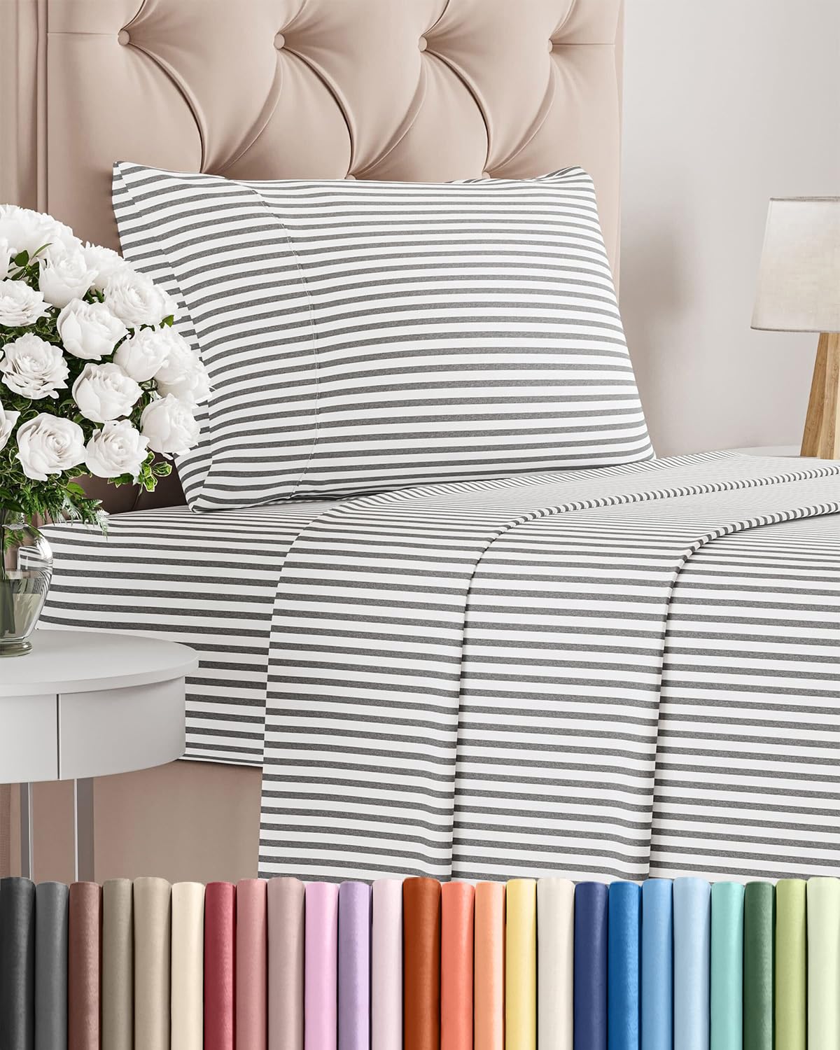 Twin Size 3 Piece Sheet Set - Comfy Breathable & Cooling Sheets - Hotel Luxury Bed Sheets for Women & Men - Deep Pockets, Easy-Fit, Soft and Wrinkle Free Sheets - Grey Stripes Oeko-Tex Bed Sheet Set