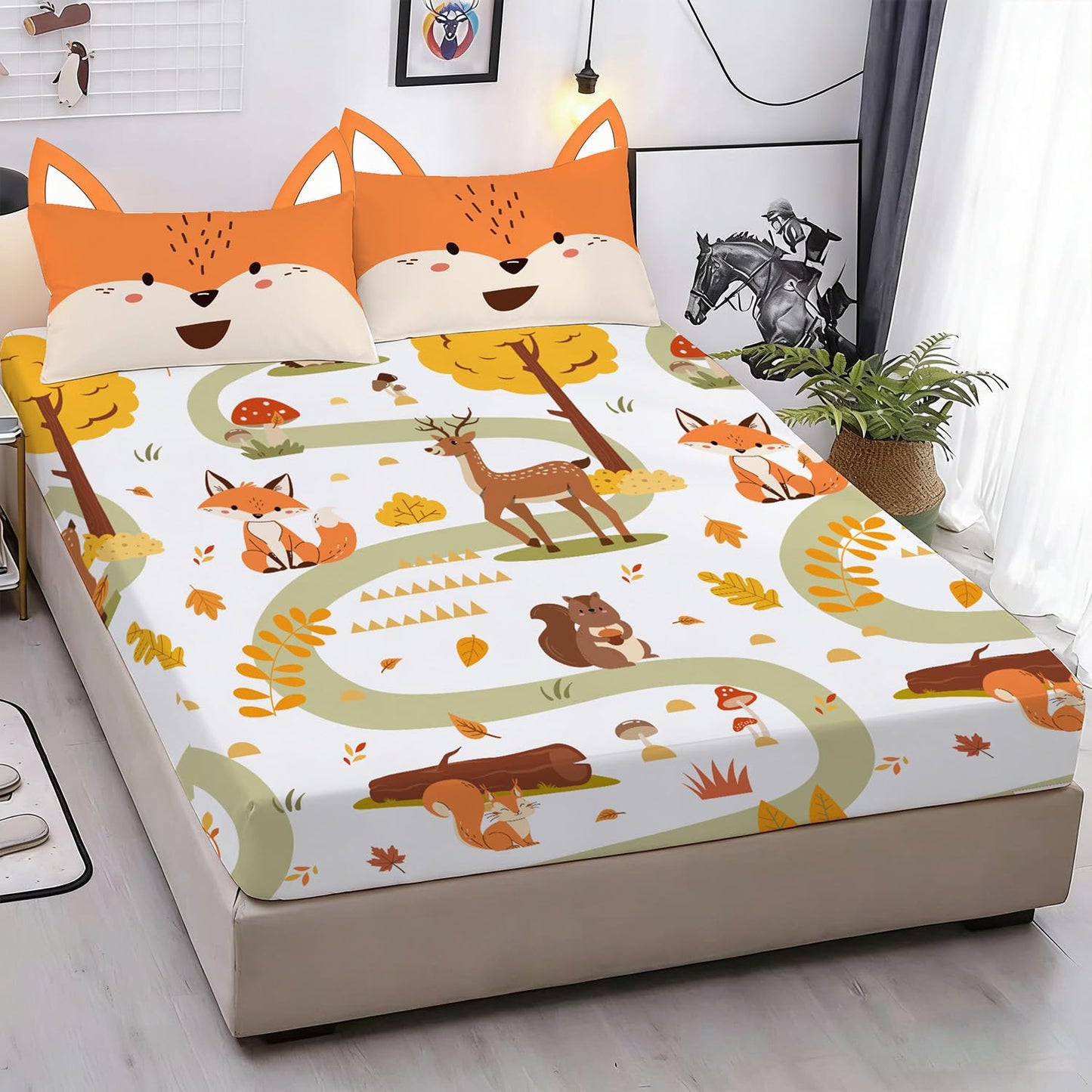 Yasida Twin Size Fox Forest Animals Twin Fitted Sheet Kids 3D Fox Pillowcase Washable Sheets Set Kid Animals Bedding Sheet Soft Microfiber(1*Sheet+1*Pillowcase)