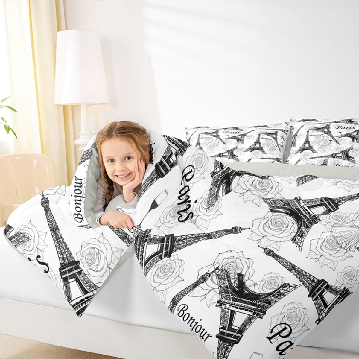 Eiffel Tower Bedding Sets for Boys Girls Couple Romantic Theme Comforter Set, Black and White French Paris Famous Cityscape Eiffel Tower Floral Print Quilted Duvet Valentine's Day Gifts,Full Size