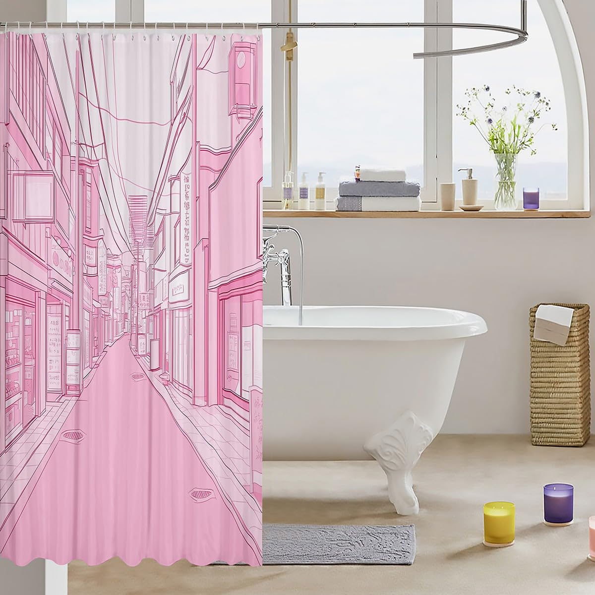 jejeloiu Girls Tokyo Street Shower Curtain 72"x72" Pink Japanese Street Bath Curtain for Boys Teens Traditional Retro Bathroom Shower Curtain Set Waterproof Japanese Ukiyoe Kids Bathroom Accessories