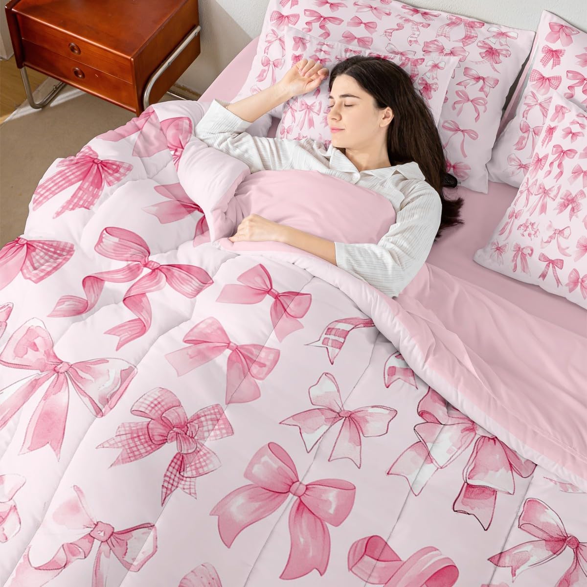 Erosebridal Cute Bow Bed in A Bag for Teen Girl Girly Coquette Bow Comforter Set Twin Pink Modern Fashion Aesthetic 7 Piece Bedding Set Dreamy Fantasy Bowknot Duvet Insert with Flat Fitted Sheets