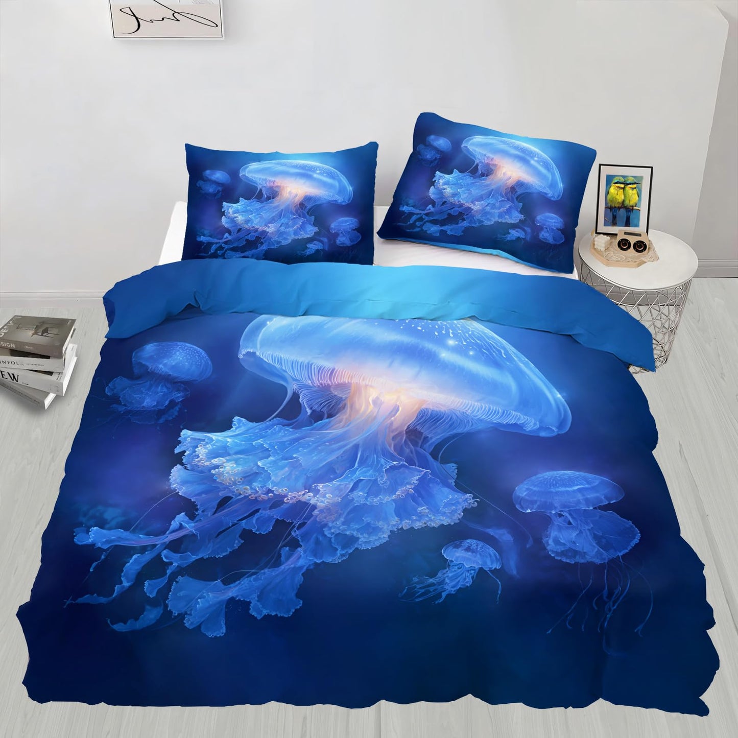 Glowing Jellyfish Duvet Cover King for Boys Girls, Kids Beach Underwater Sea Animal Jellyfish Printed Bedding Set 3 Pieces, Blue Ocean Nautical Dreamy Duvet Cover Set with 2 Pillow Case Microfiber