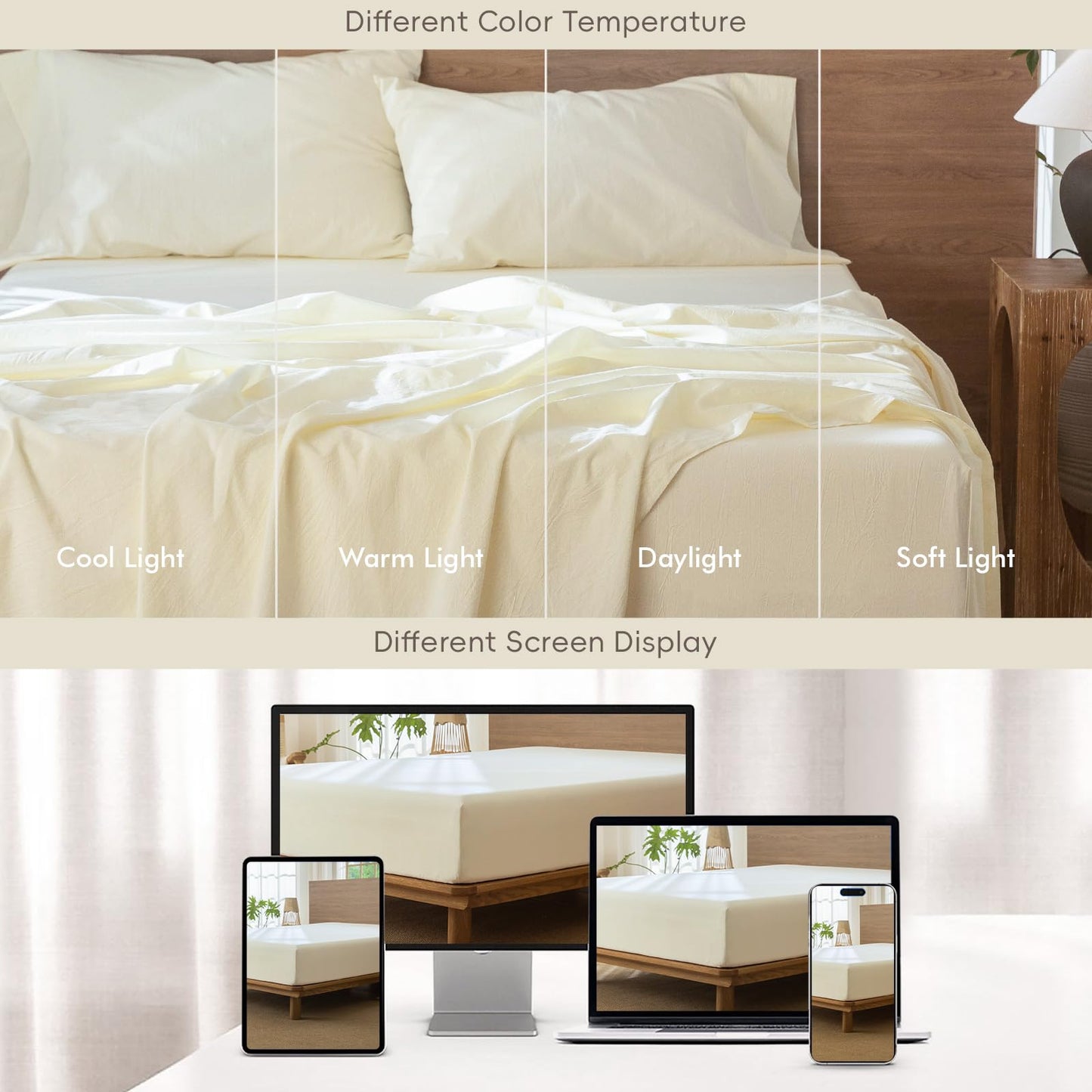 MooMee Fitted Bottom Sheet Only 100% Washed Cotton Linen Like Textured Breathable Durable Soft Comfy Deep Pocket Fits Mattress up to 17" (Cream White, Queen)