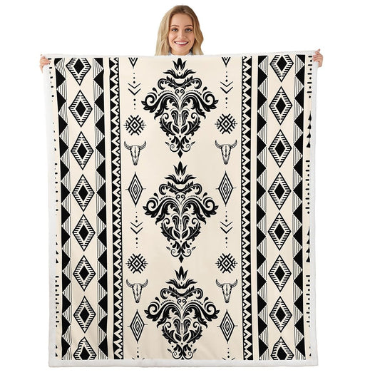Erosebridal Boho Aztec Fleece Blanket, Western Damask Sherpa Blanket Twin Size, Vintage Victorian Baroque Fuzzy Plush Throw for Teens Adult Women Men, Exotic Native Decor for Bed Couch