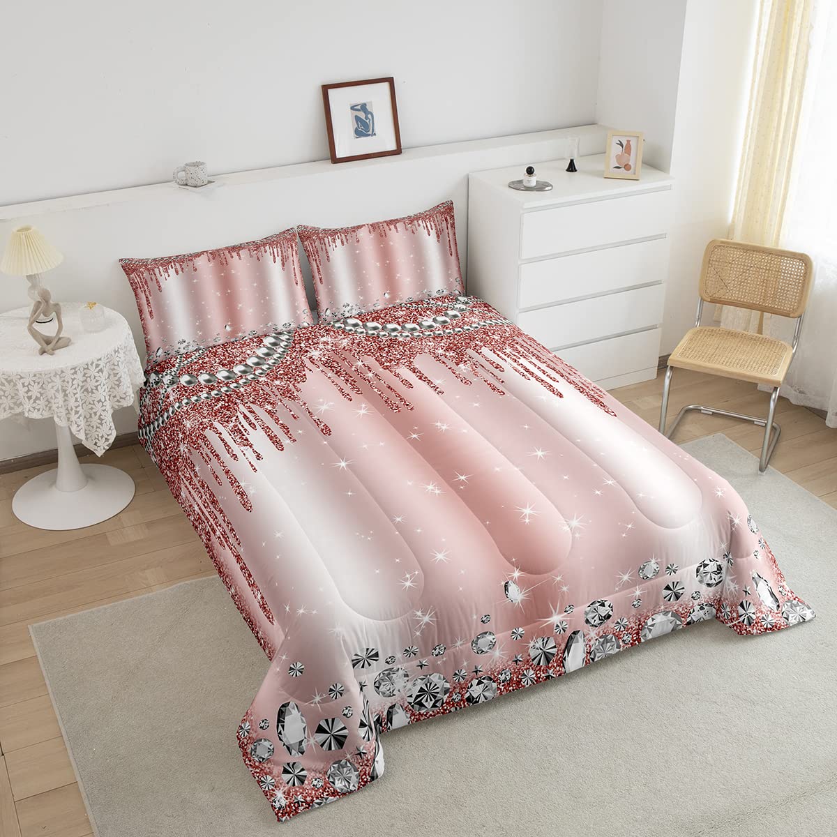 Pink Glitter Bedding Set Queen Women Girls Diamond Jewelry Pearls Comforter Set 3pcs Kids Teens Starry Galaxy Quilted Duvet for Modern Room Decor Fantasy Sparkling Bedspread,2 Pillowcases