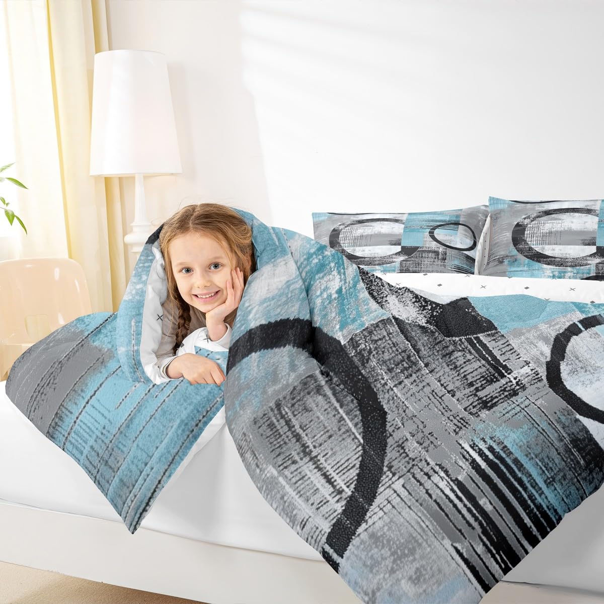 Feelyou Abstract Comforter Set Full Size Modern Abstract Art Bedding Set Geometric Duvet Quilt Luxury Bedroom Decor Blue 3 Pcs with 2 Pillow Cases