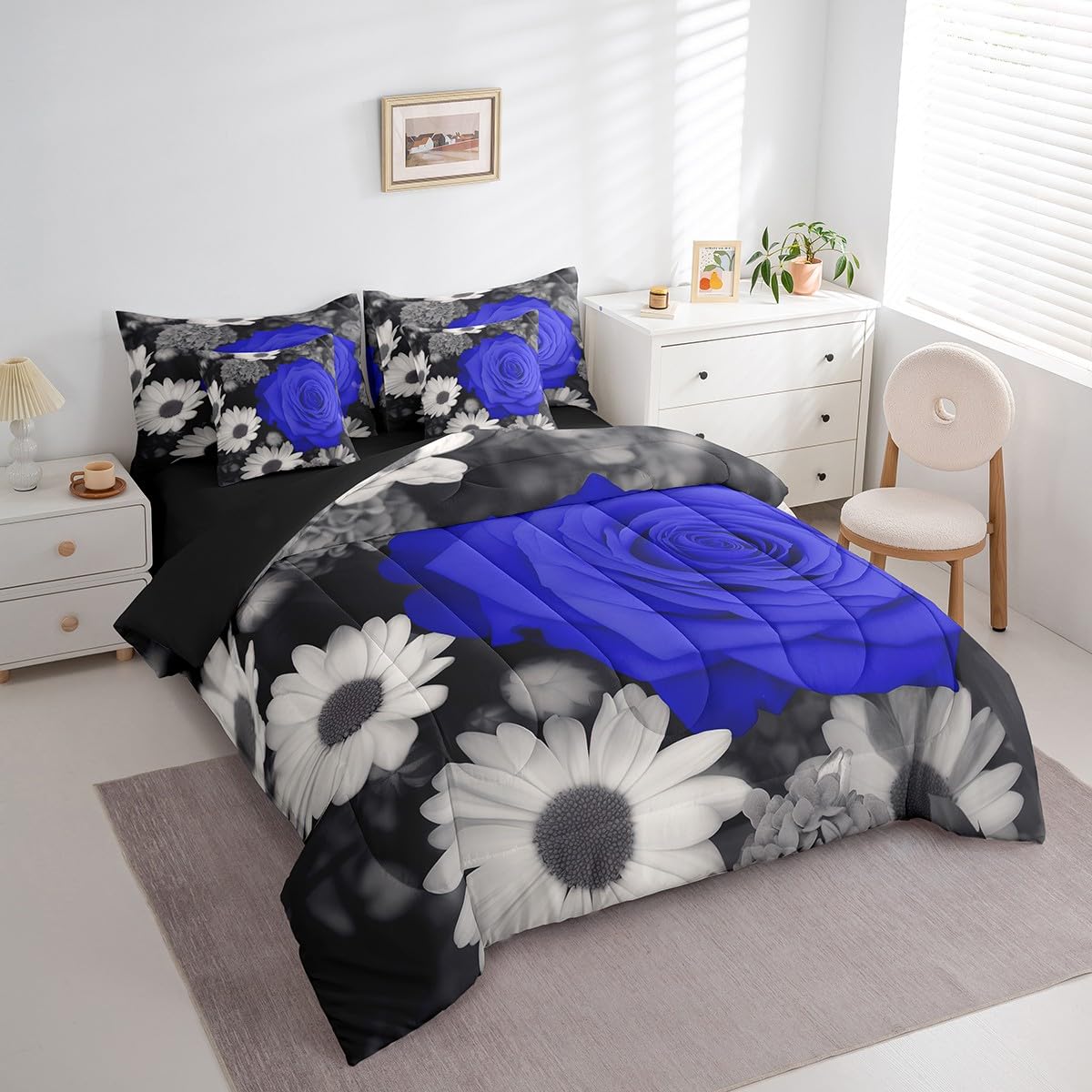 Erosebridal Rose 7 Pcs Comforter Set Full,Blue Grey Black Floral Bed in a Bag with Flat Sheet and Fitted Sheet for Men Women Couple,Romantic Flower Farmhouse Bedding Set with Pillowcase & Sham