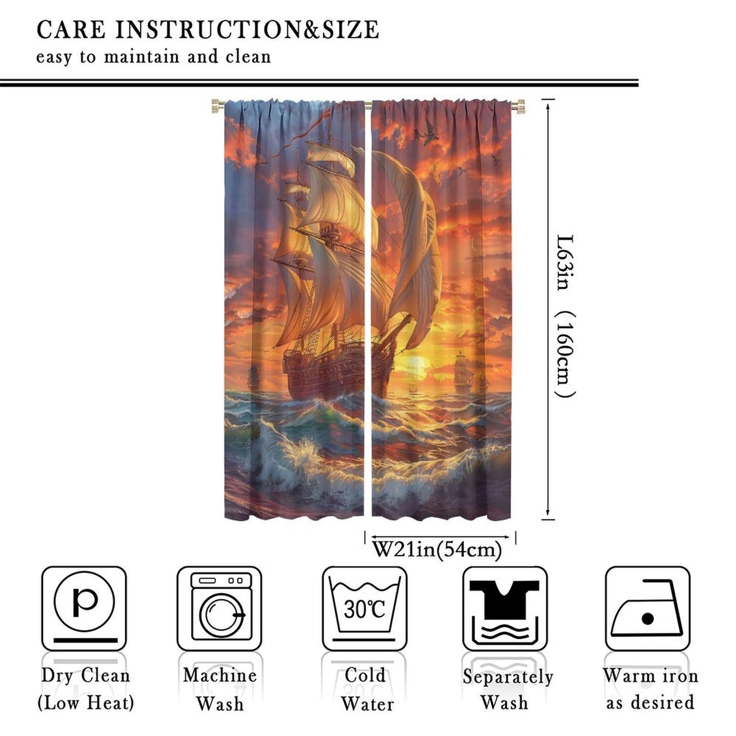 TOWINSFB Fine Sailboat Ship Ocean Blackout Curtains for Living Room Bedroom, Nature Landscape Window Curtains Rod Pocket Thermal Insulated Window Drapes, 2 Panels, Each 21" W x 63" L