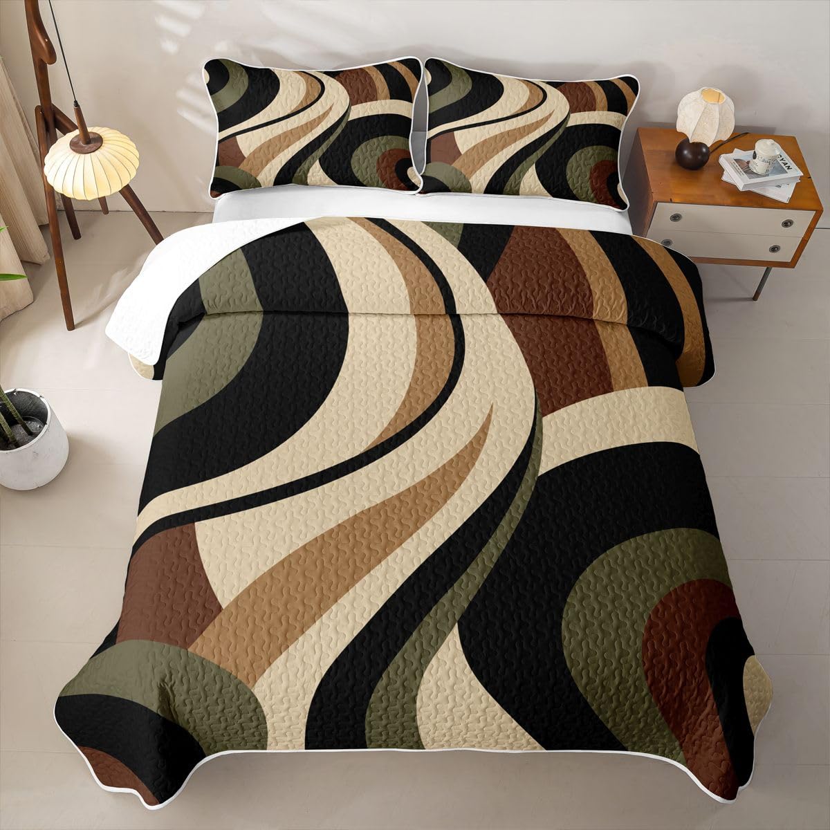 Erosebridal Green Brown Spiral Quilt Set for Adult Women Men Modern Swirls Stripes Abstract Quilt Twin Size for Minimalists Boho Coverlet Graffiti Art Lines Quilted Bedspread with 1 Pillowcase