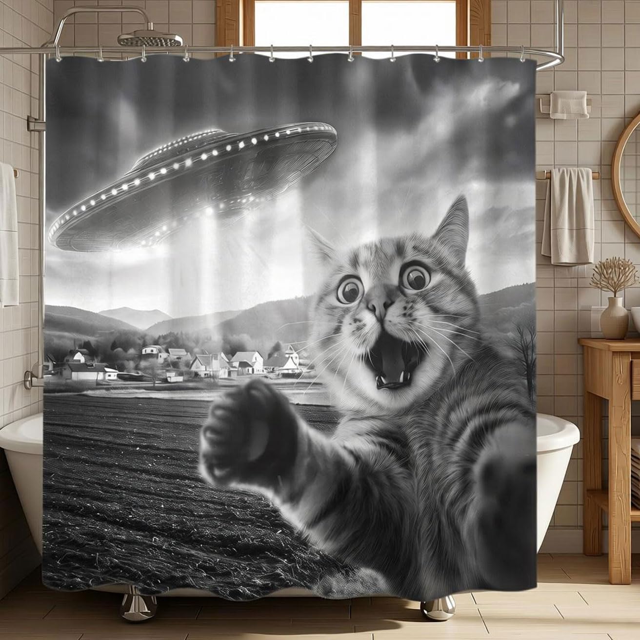 Bonriva Funny Cat Black and White Shower Curtain, Fun Animal Cool Novelty UFO Unique Retro Fabric Decorative Shower Curtains Set for Teen Boys Men Bathroom Bath Decor with Hooks 72 X 72 Inch