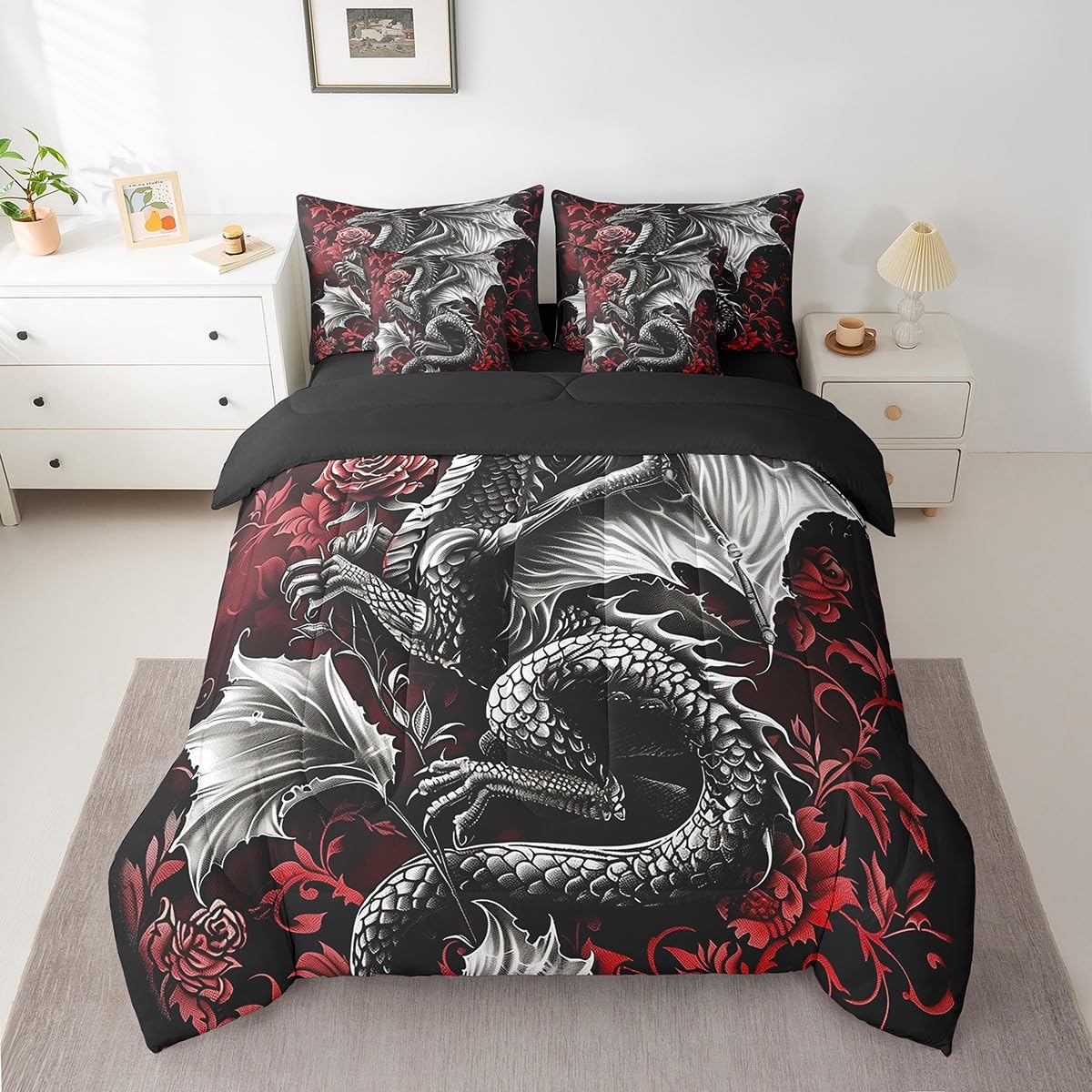jejeloiu Kids Medieval Fantasy Dragon Comforter Set 7 Pieces Full Size Red Rose Bedding Set for Boys Girls Damask Print Bed Set Bed in a Bag with Comforter, Sheets, Pillowcases & Cushion Covers