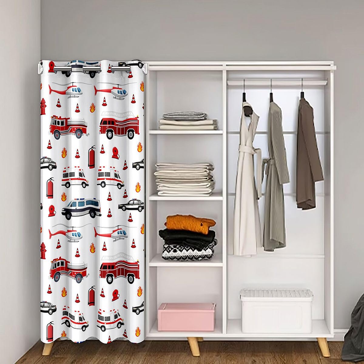 Feelyou Truck Door Curtain for Doorway Privacy Fire Truck Closet Cover for Bedroom Living Room Car Room Divider Curtain 34" x 80" Firefighter Darkening Blackout Firemen Car Vehicle Home Decor