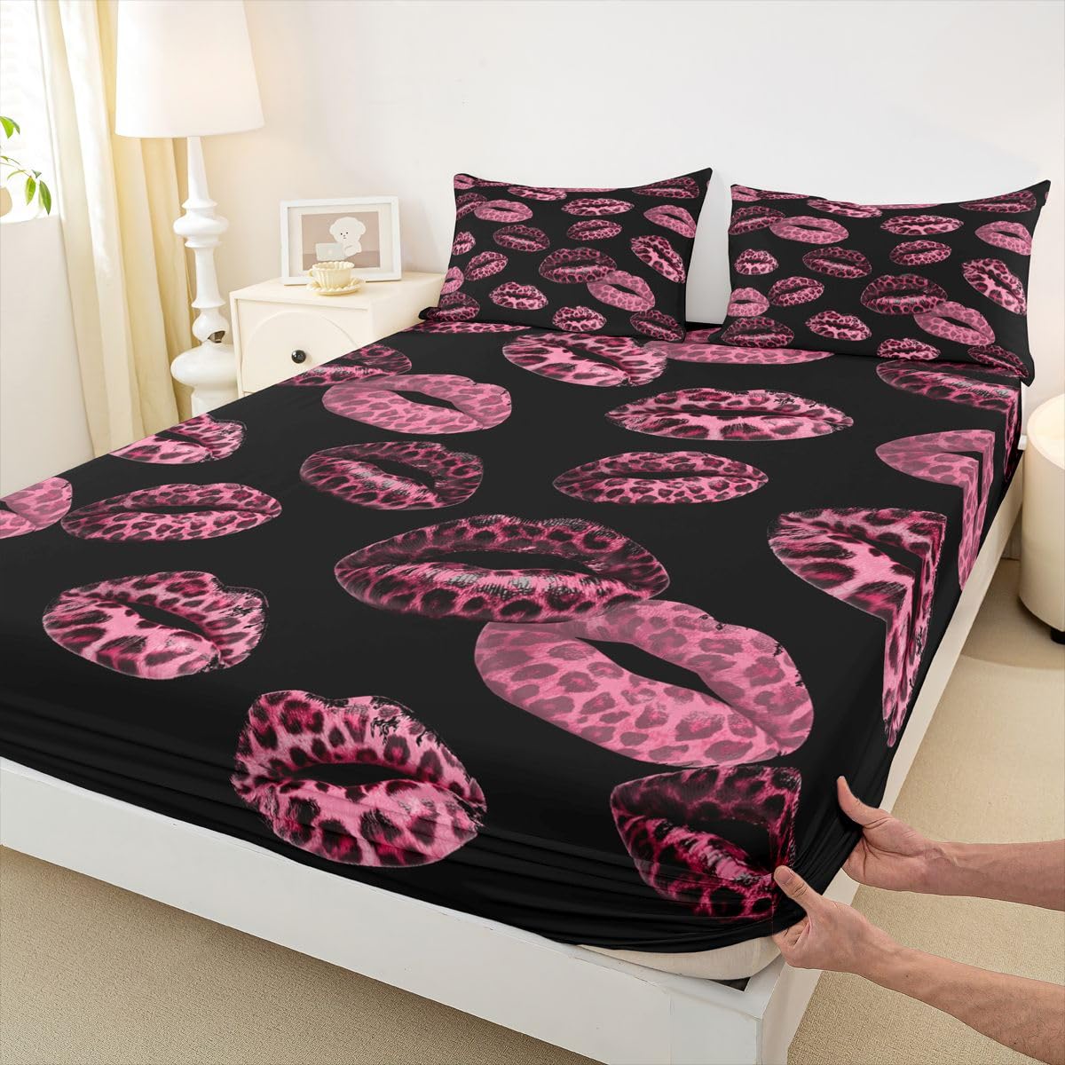 Feelyou Leopard Print Lips Fitted Sheet Full Size for Kids Boys Girls Cheetah Print Bed Sheets Set 16" Deep Pocket Soft Breathable Microfiber Kissing Lips Bedding with 2 Pillowcases Room Decor