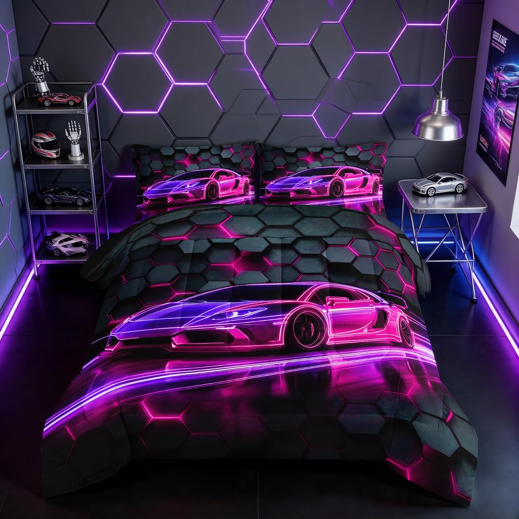 HOSIMA Race Car Bedding Sets for Boys,Honeycomb Geometric Background Pattern Cool Extreme Sports Bedding Queen for Kids Men Car Themed Room Decor,Gaming Comforter with 2 Pillowcases.