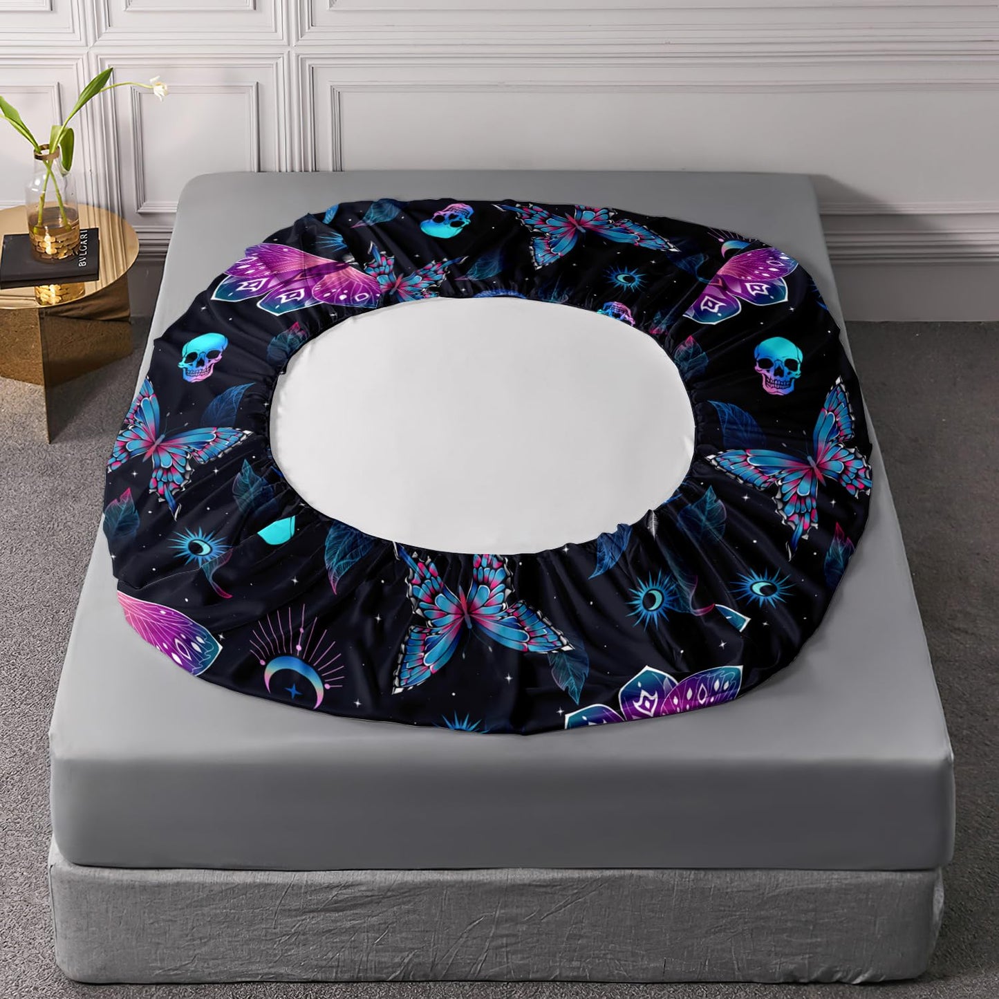 HOSIMA Halloween Fitted Sheet Skull Butterfly Bed Set,Goth Bedding Set Black Sheets Deep Pocket All-Round Elastic Bed in A Bag Full Size for Adults Boys Girls Halloween Room Decor.