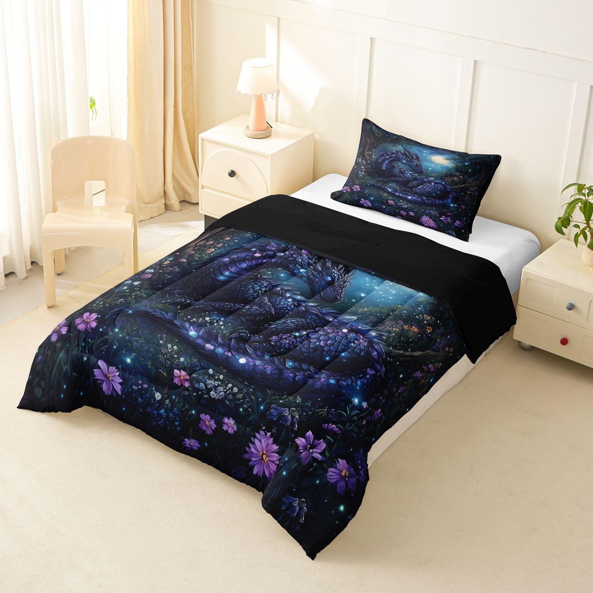 Feelyou Dragon Bedding Set Soft for Boys Girls, Jungle Dragon Comforter Set Twin Size Magical Beast Duvet Quilt Microfiber Fantasy Animal Bedroom Decor Wild Life 2 Pcs with 1 Pillow Cases