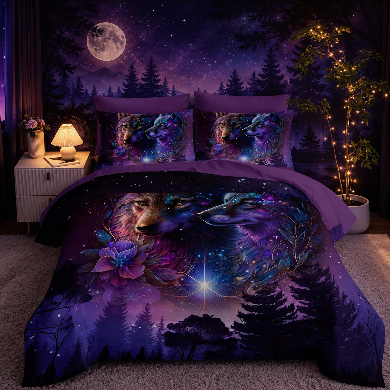 Tuzaovy Wolf Comforter Set 7 Piece Twin Size Bed in A Bag,Animal Bedding for Room Decor,Soft Purple Wolf Comforter Rose Bedding with Fitted Sheet,Flat Sheet, Pillowcases & Shams