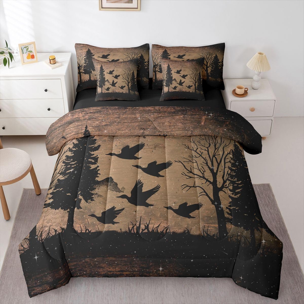 Feelyou Mallard Duck Queen Comforter Set with Sheets for Kids Boys Girls Hunting Duck 7 Pieces Bedding Set Rustic Farmhouse Woodland Bed in a Bag Country Animal Room Decor Soft Microfiber