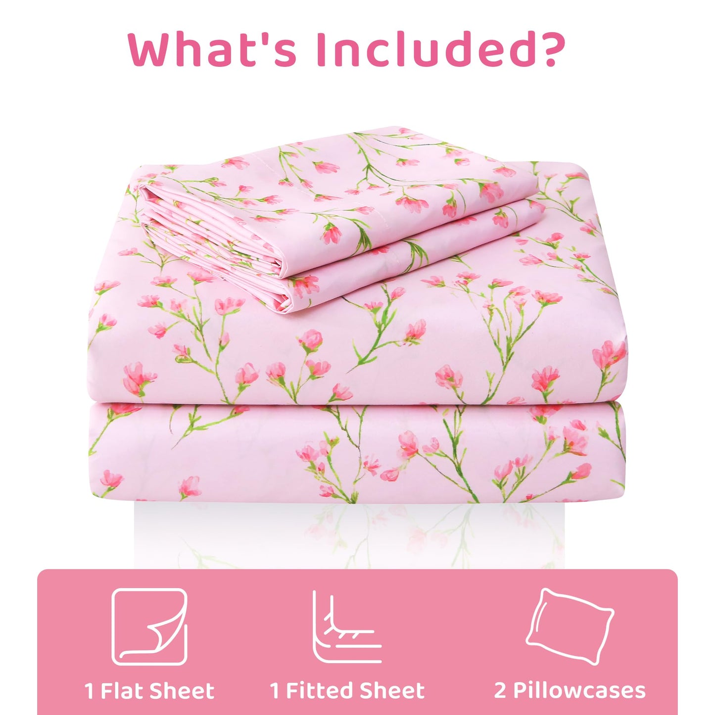 Mooreeke Cozy Floral Microfiber Printed Full Sheet Set - Soft & Breathable Pink Flowers Bed Sheets with Deep Pocket - Non-Slip Fitted Design - Pink Flowers with Green Branches Pattern - Full