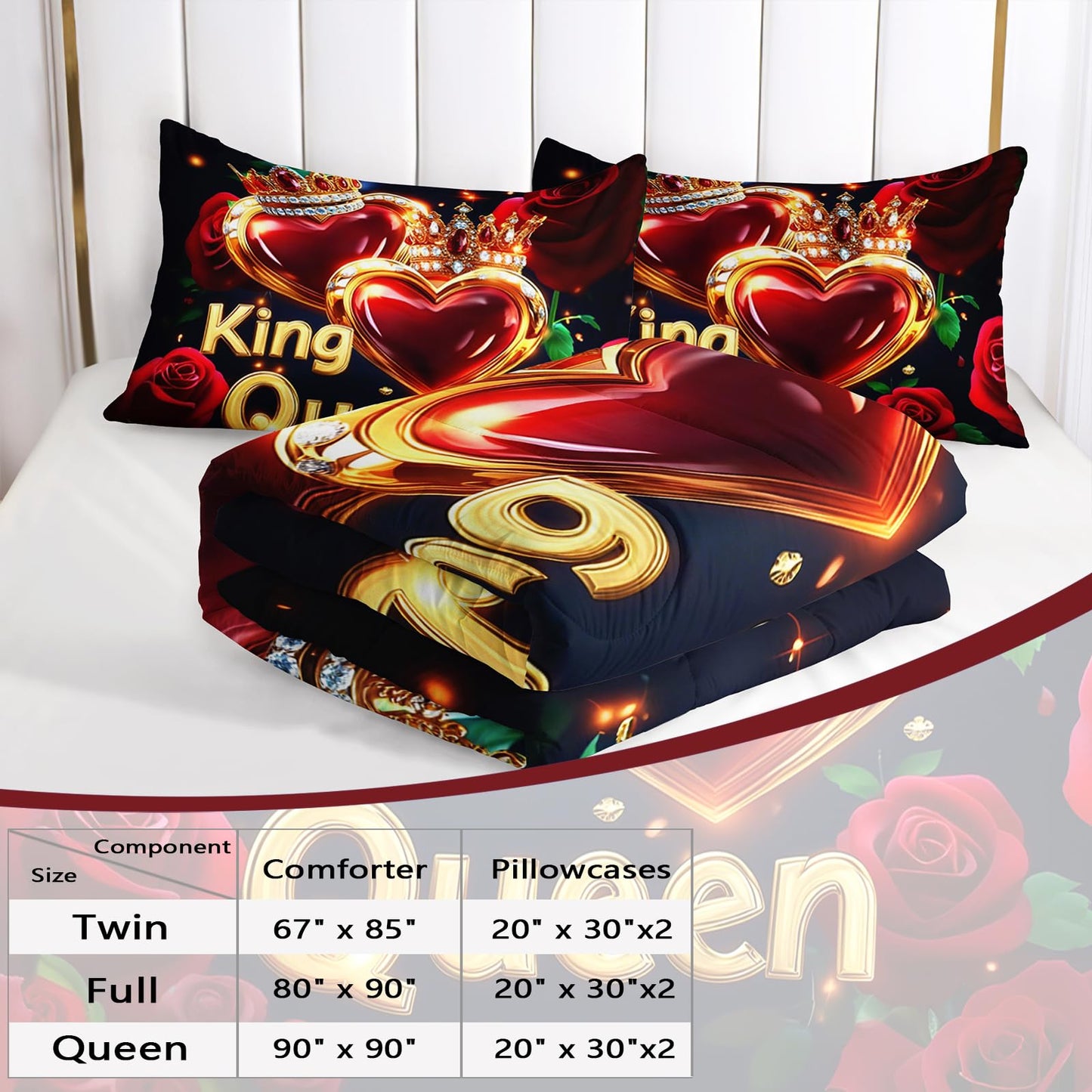 AILONEN K & Q Hearts Print Comforter Set Queen Size,Red and Black Rose Bedding with 2 Pillowcases,Valentine Romantic 3Pcs