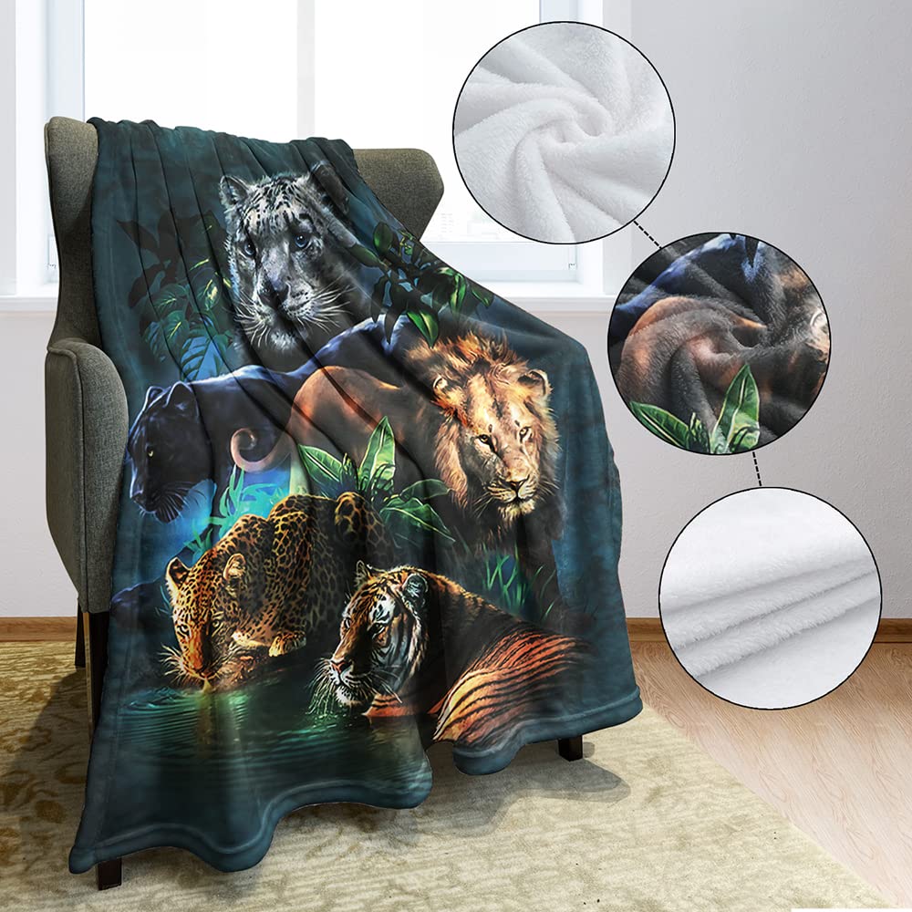 HommomH Wild Animals Blanket 50” x 80”, Big Cats Theme Tiger Leopard Lion Panther Print, Soft Cozy Fleece Throw Blankets for Couch Sofa Bed