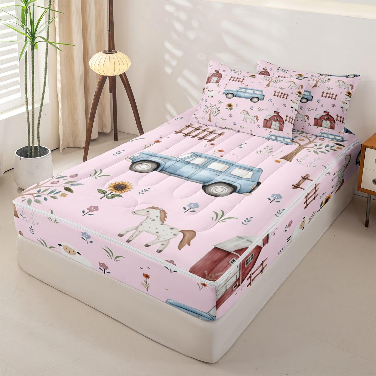 Erosebridal Farm Animal Kids Zipper Bedding Set Twin Cartoon Tractor Zip Up Comforter Set with Sheets Rustic Barn Door Bed in a Bag Farmhouse Horse Sheep Cow Cartoon Animals Sunflower Floral Bed Sets