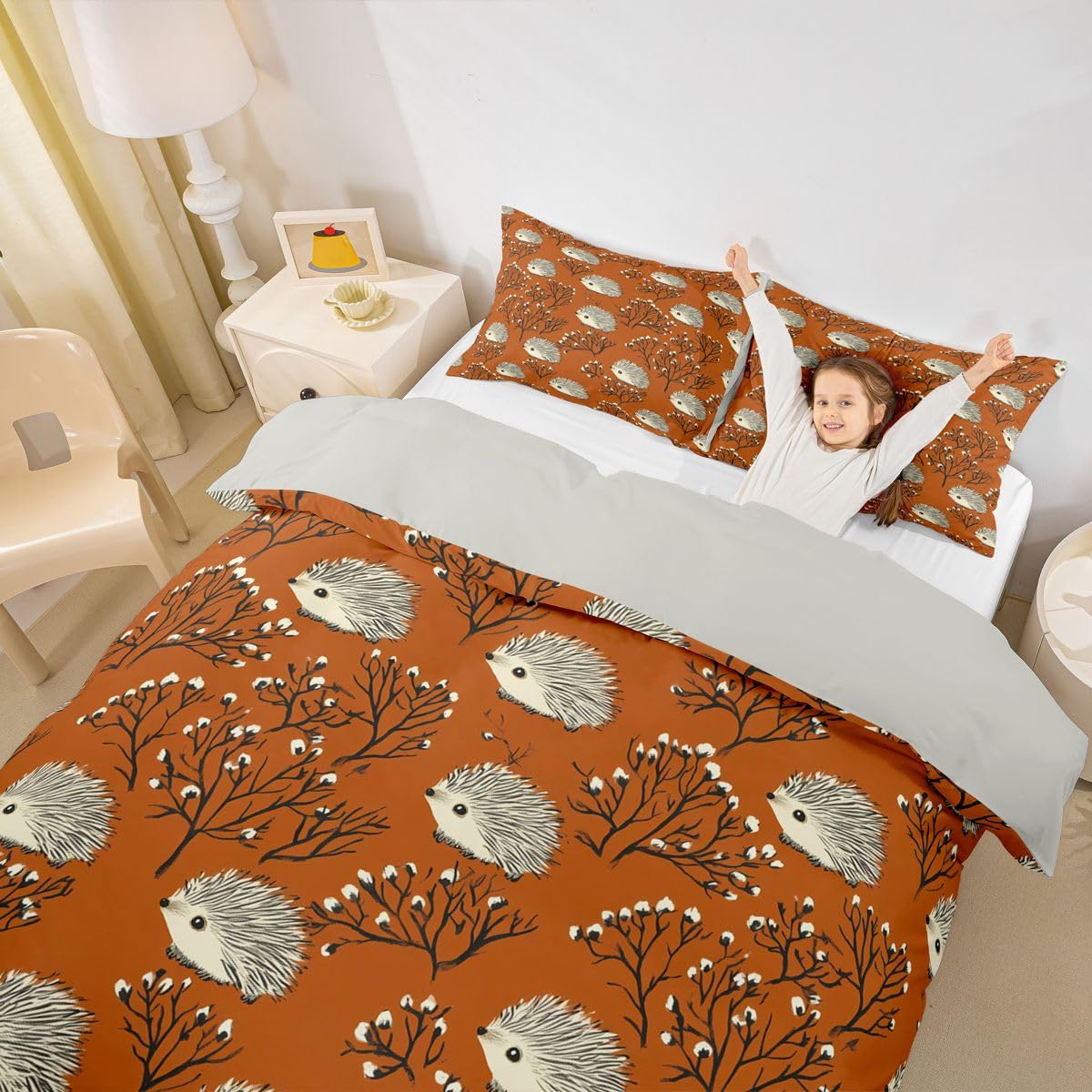 Erosebridal Kawaii Hedgehog Comforter Cover Twin Cartoon Wildlife Duvet Cover for Kids Teens Hedgehog Lovers Botanical Bedding Set Cartoon Cute Kawaii Animal Bed Set