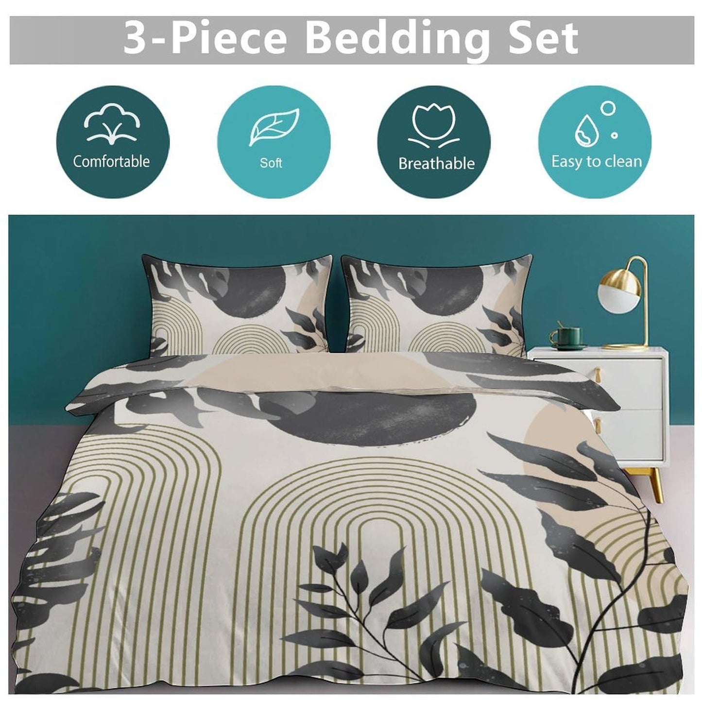 Lnepty Mid Century Leaf Bedding Set,Boho Grey Tropical Plant Palm Leaves Abstract Minimalist Geometic Modern Comforter Set with Pillowcase for Bedroom Bed Decor，Twin 86"x70"
