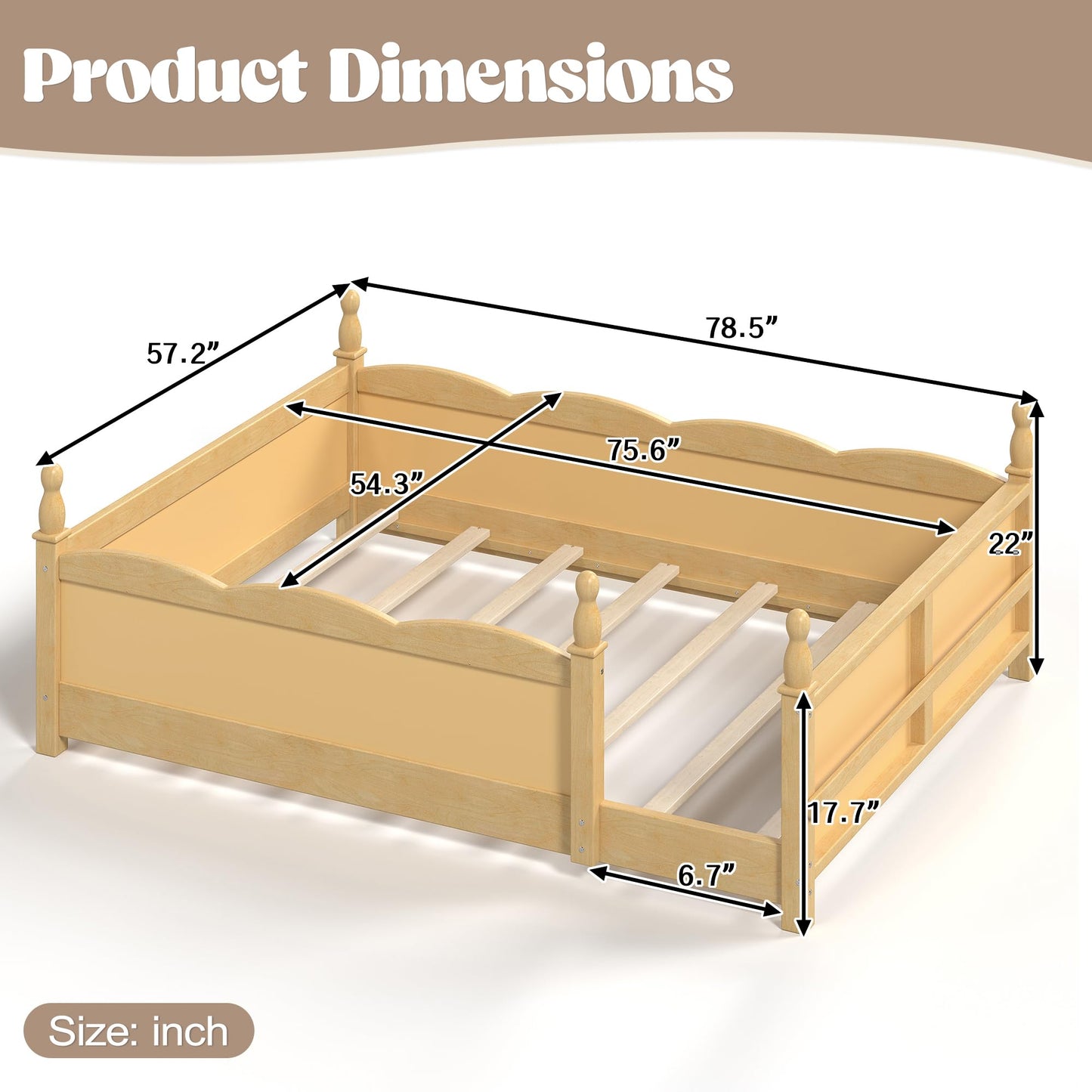 KEIKI Full Size Wood Montessori Floor Bed Frame with Beside Book Shelf, for Girls and Boys, Floor Bed with Full-Length Guardrails & Slats, Easy Assembly, No Box Spring Required, for Bedroom, Natural