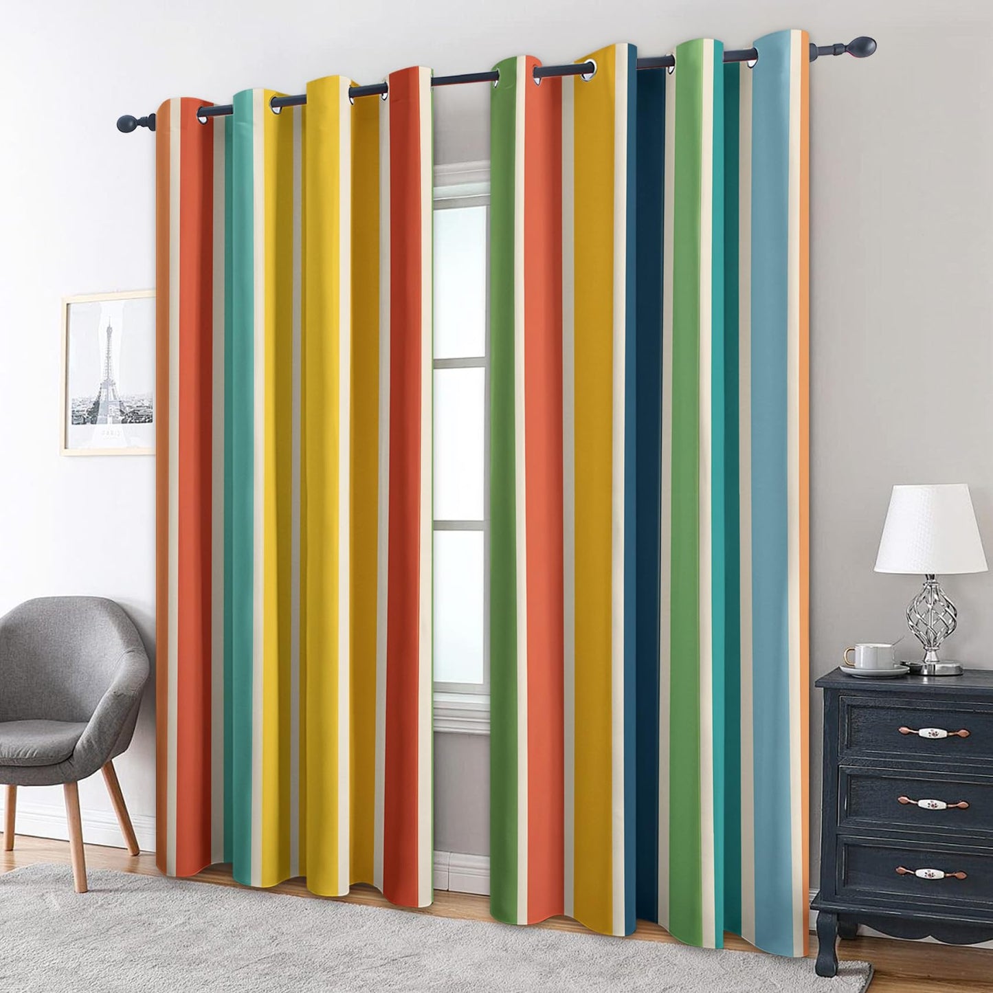 Colorful Striped Curtains Blackout - Retro Rainbow Stripe Curtains 84 Inch Length 2 Panels Set, Colorful Striped Window Curtain for Bedroom, Living Room, Thermal Insulated Grommet Drapes -O177
